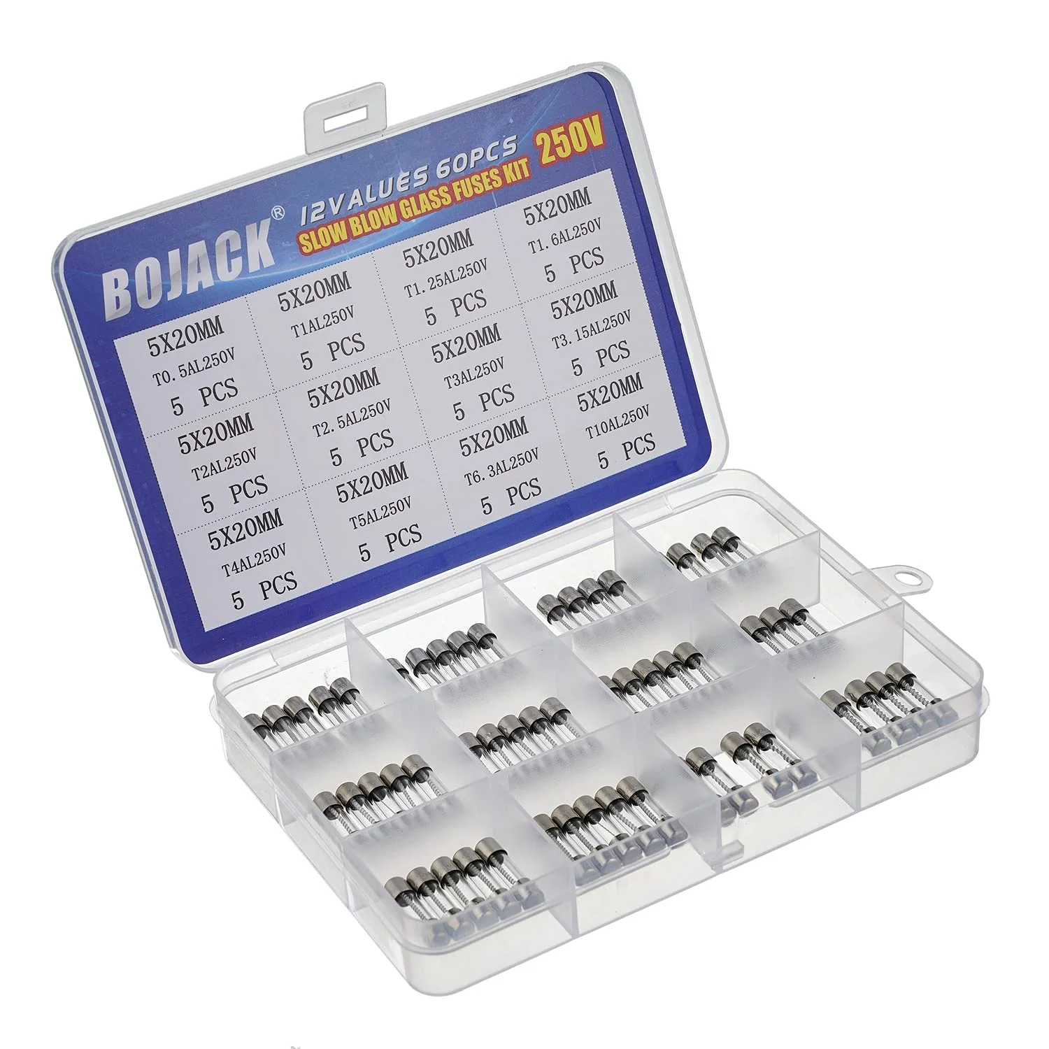 مجموعه فیوز شیشه ای BOJACK شامل 12 مقدار مختلف 60 عددی 5x20mm 250V T0.5A 1A 1.25A 1.6A 2A 2.5A 3A 3.15A 4A 5A 6.3A 10A بسته بندی جعبه پلاستیکی شفاف
