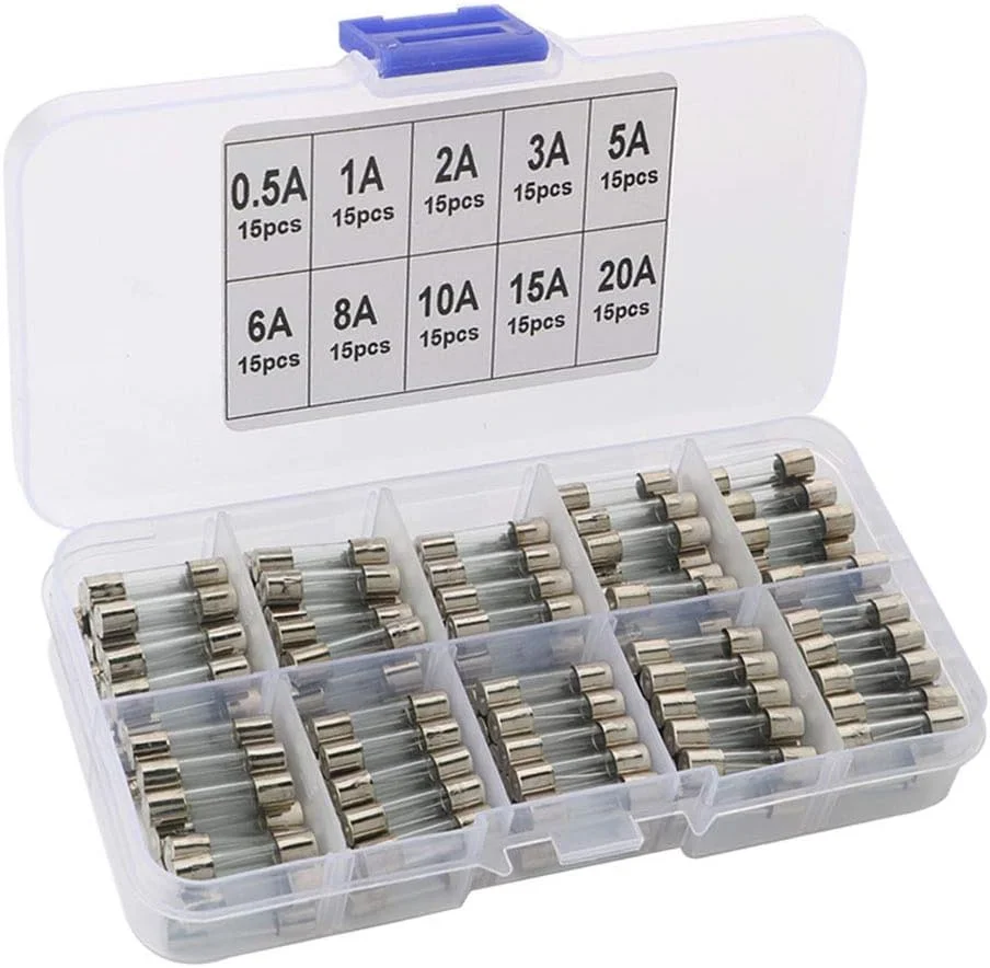 QitinDasen FULARR 150 عدد فیوز شیشه ای حرفه ای 5x20 میلی متری برای خودرو، مجموعه فیوزهای فست بلو با جعبه پلاستیکی شفاف، کیت فیوزهای شیشه ای فست شات متنوع 0.5 آمپر، 1 آمپر، 2 آمپر، 3 آمپر، 5 آمپر، 6 آمپر، 8 آمپر، 10 آمپر، 15 آمپر، 20 آمپر