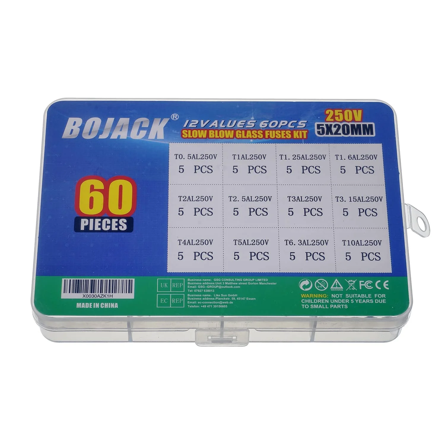 مجموعه فیوز شیشه ای BOJACK شامل 12 مقدار مختلف 60 عددی 5x20mm 250V T0.5A 1A 1.25A 1.6A 2A 2.5A 3A 3.15A 4A 5A 6.3A 10A بسته بندی جعبه پلاستیکی شفاف