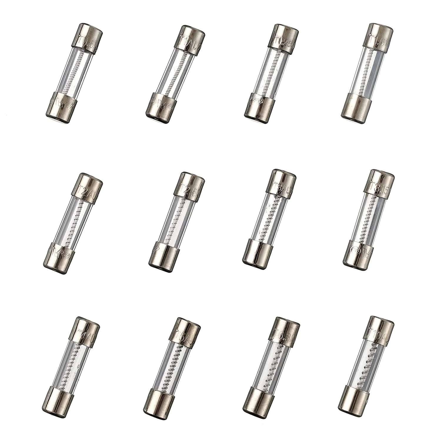 مجموعه فیوز شیشه ای BOJACK شامل 12 مقدار مختلف 60 عددی 5x20mm 250V T0.5A 1A 1.25A 1.6A 2A 2.5A 3A 3.15A 4A 5A 6.3A 10A بسته بندی جعبه پلاستیکی شفاف