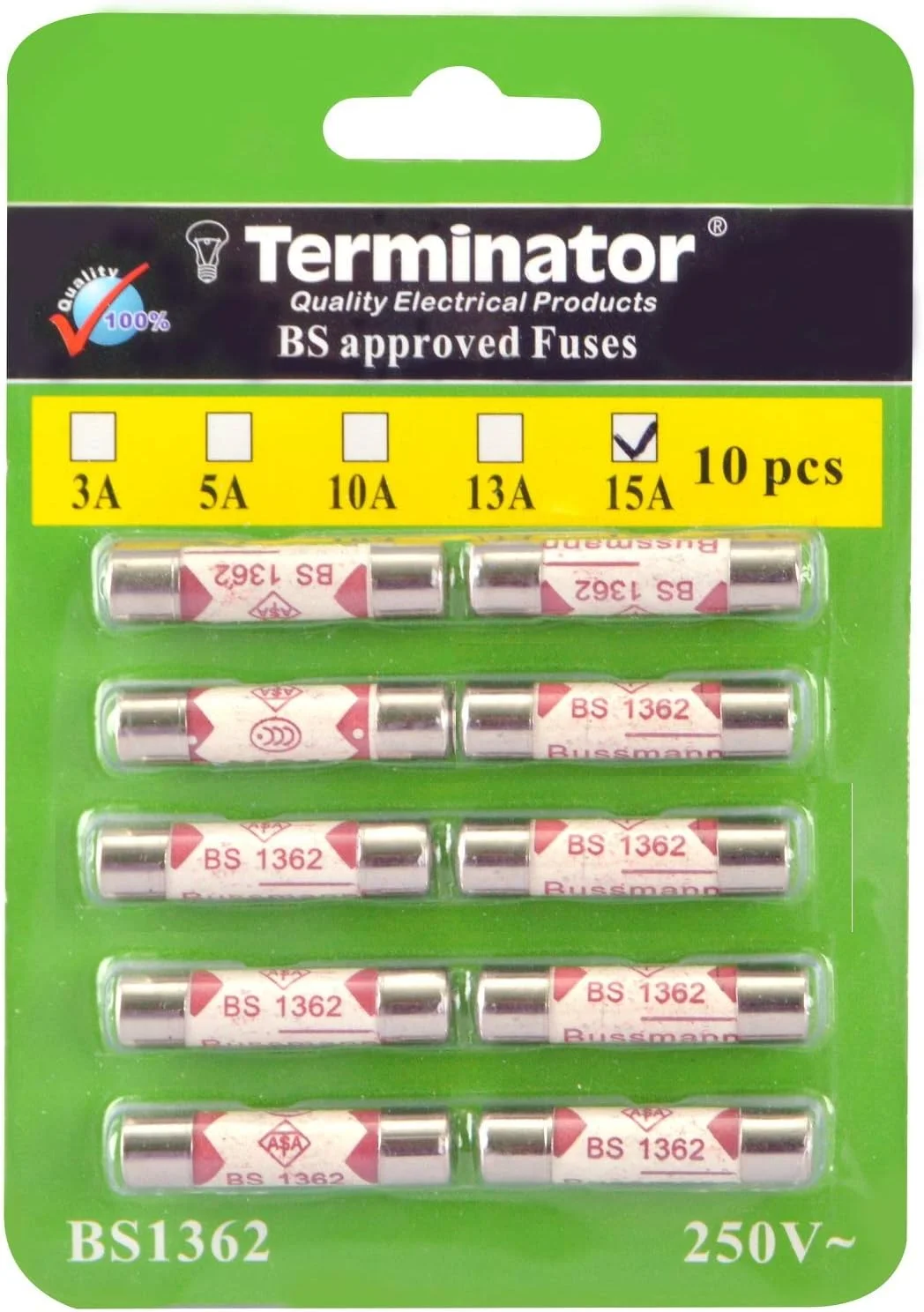 فیوز سرامیکی ترمیناتور، بسته 10 عددی، فیوزهای سرامیکی 6X25mm با عملکرد سریع (بسته 10 عددی 15 آمپر)