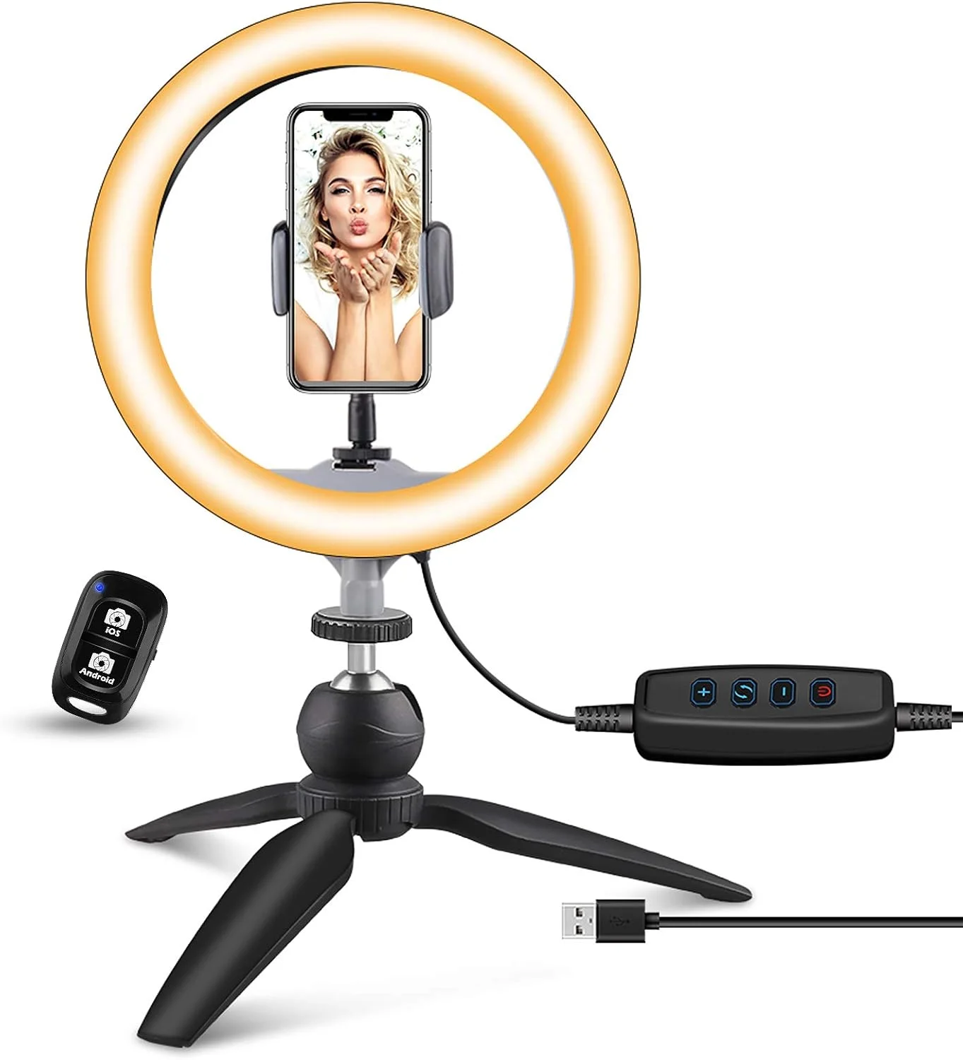حلقه نور ال ای دی 10 اینچی UBeesize با پایه سه پایه و نگهدارنده تلفن، حلقه نور آرایشی رومیزی دیمر دار، مناسب برای پخش زنده، ویدیوهای یوتیوب و عکاسی، 3 حالت نور و 11 سطح روشنایی