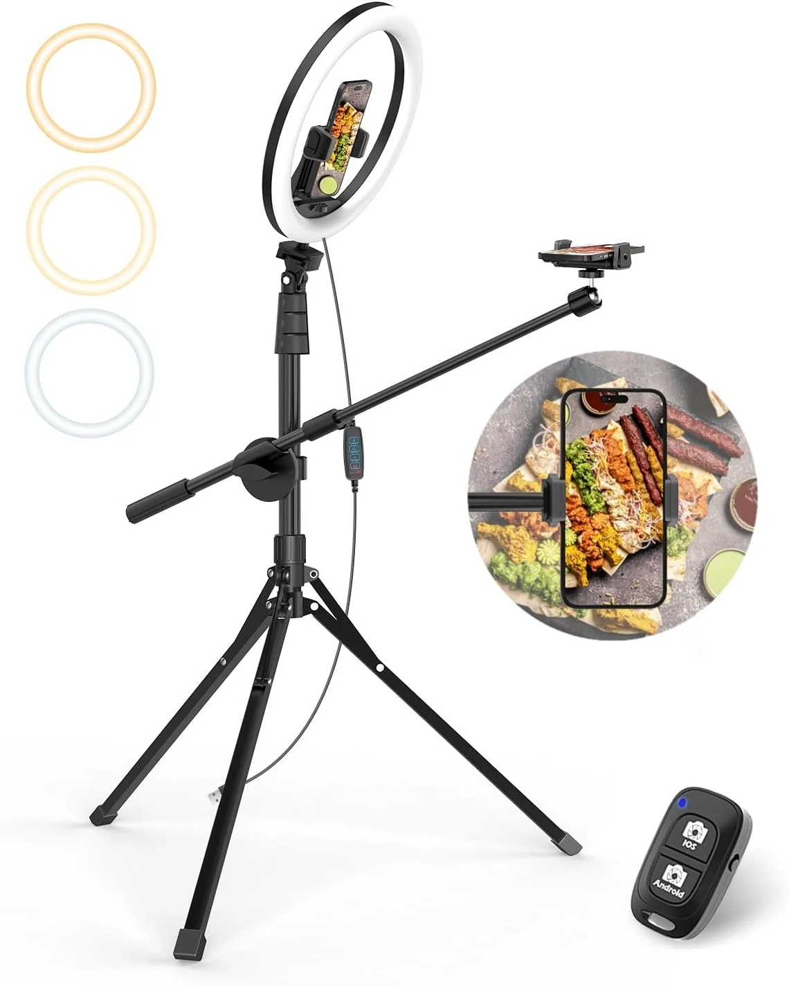 نور حلقه ای سلفی 12 اینچی UBeesize با پایه و نگهدارنده دوربین بالای سر، سه پایه تاشو 62 اینچی برای آیفون با نور حلقه ای، نور تلفن برای ضبط ویدیو، آشپزی، عکاسی، پخش زنده، تیک تاک، یوتیوب