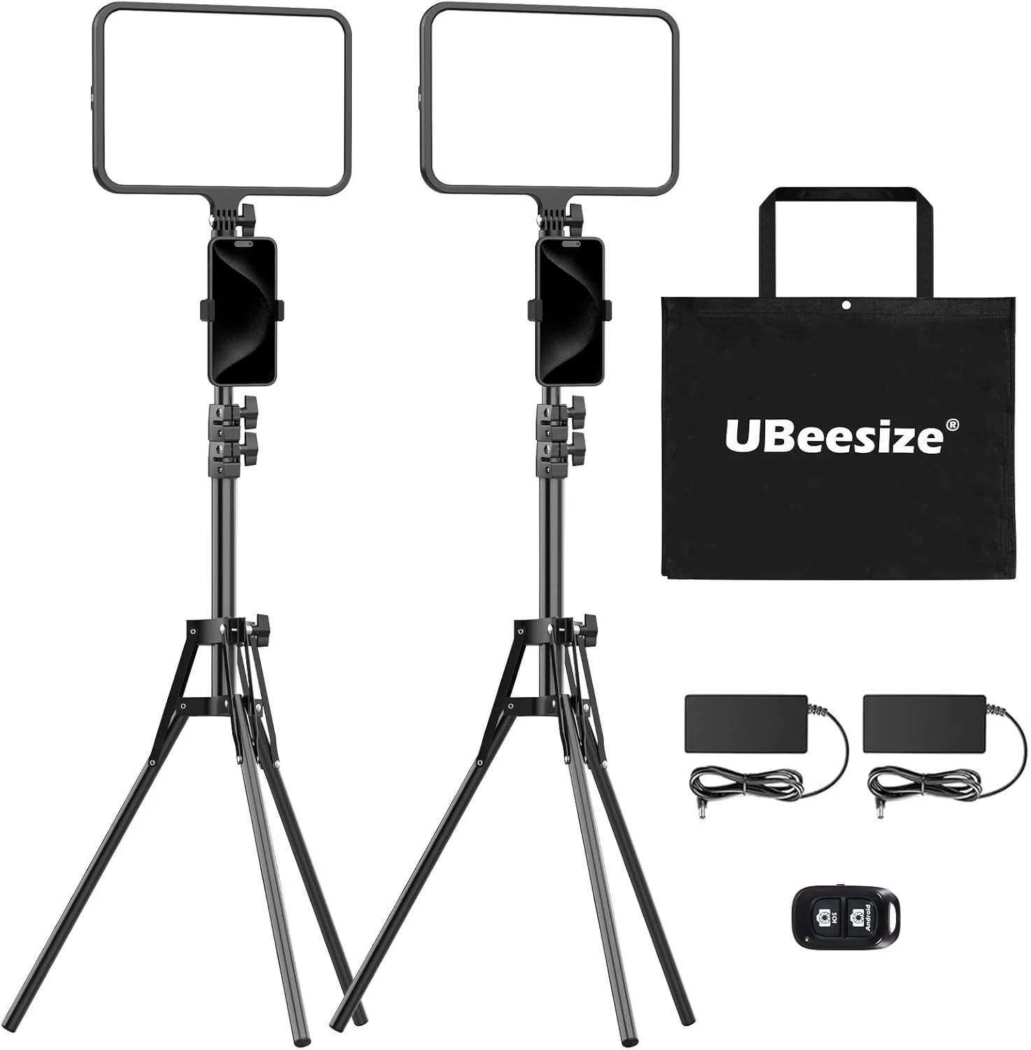 کیت نور ویدئویی LED UBeesize، بسته 2 عددی، نورپردازی عکاسی، چراغ های استودیویی 13 اینچی با پایه سه پایه 65 اینچی و نگهدارنده تلفن، نورپردازی پادکست برای ضبط ویدئو، TikTok، YouTube