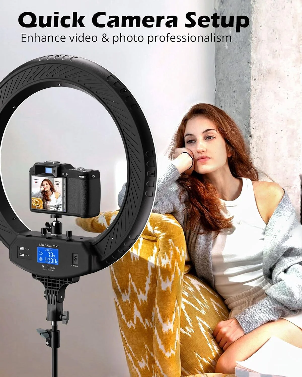 نور حلقه ای 22 اینچی UBeesize با پایه 72 اینچی، نور حلقه ای بزرگ 65 واتی با نگهدارنده تلفن، نور LED قابل تنظیم برای آرایشگر، آرایشگر، خالکوبی، یوتیوب، TikTok، عکاسی نور حلقه ای 22 اینچی UBeesize با پایه 72 اینچی، نور حلقه ای بزرگ 65 واتی با نگهدارنده تلفن، نور LED قابل تنظیم برای آرایشگر، آرایشگر، خالکوبی، یوتیوب، TikTok، عکاسی