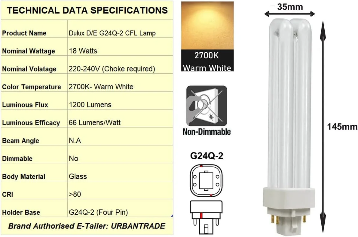 لامپ فلورسنت پی ال سی-دی دی ای اوسرام Ledvance - 18 وات - Dulux D/E - G24q-2 - 4 پین - سفید گرم 2700K - بسته 10 عددی لامپ فلورسنت پی ال سی-دی دی ای اوسرام Ledvance - 18 وات - Dulux D/E - G24q-2 - 4 پین - سفید گرم 2700K - بسته 10 عددی