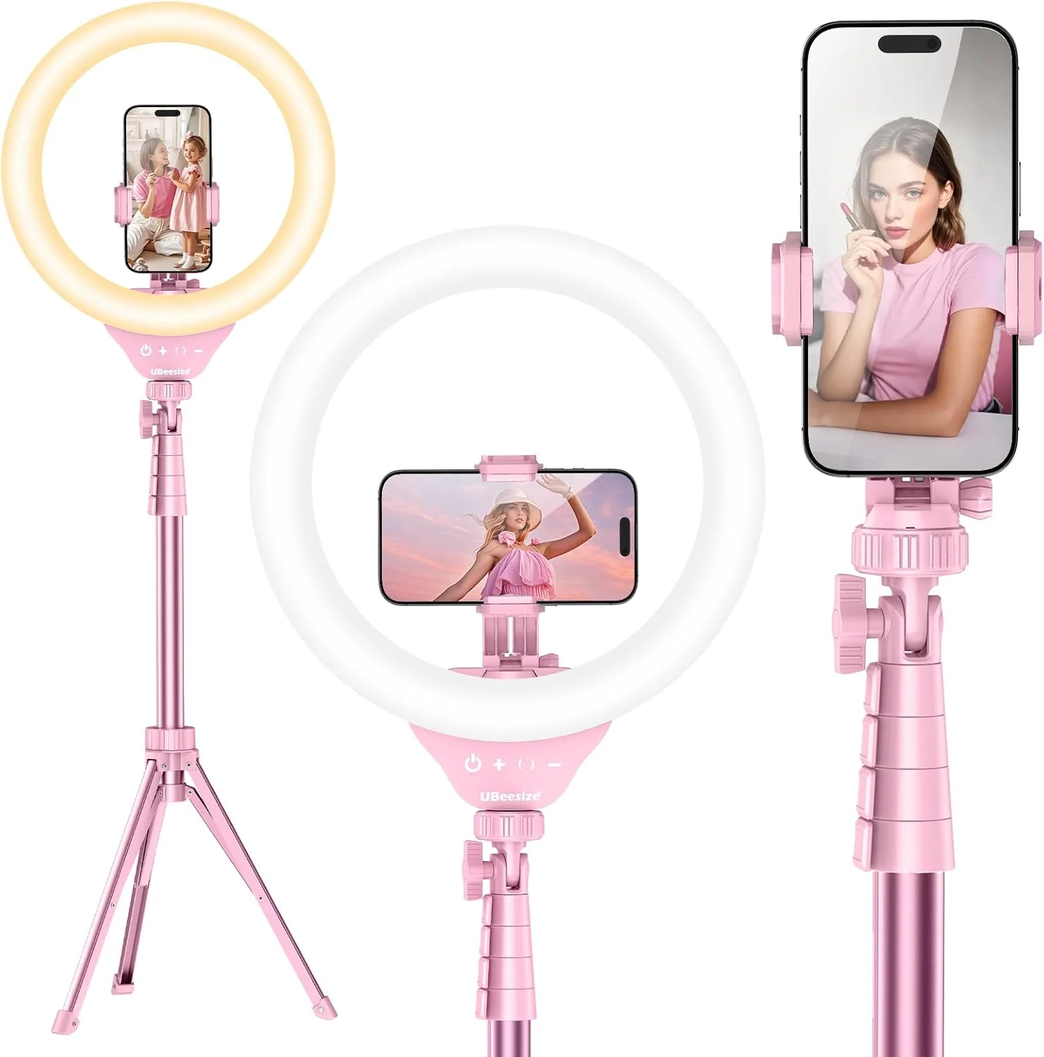 حلقه نور سلفی 12 اینچی UBeesize با پایه سه پایه 62 اینچی برای ضبط ویدیو، پخش زنده (یوتیوب، اینستاگرام، تیک تاک)، سازگار با تلفن ها، دوربین ها و وب کم ها - صورتی