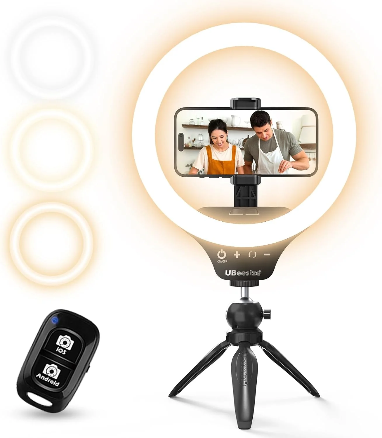 نور حلقه ای سلفی 10 اینچی UBeesize با پایه سه پایه و نگهدارنده تلفن همراه، نور دایره ای LED رومیزی قابل تنظیم برای پخش زنده/آرایش/یوتیوب/تیک تاک، سازگار با تلفن های iOS و Android، مشکی