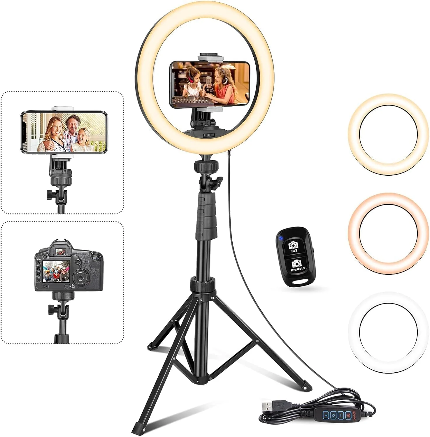 نور حلقه ای سلفی UBeesize با پایه سه پایه، چراغ دایره ای LED با نگهدارنده تلفن و ریموت برای تلفن و دوربین