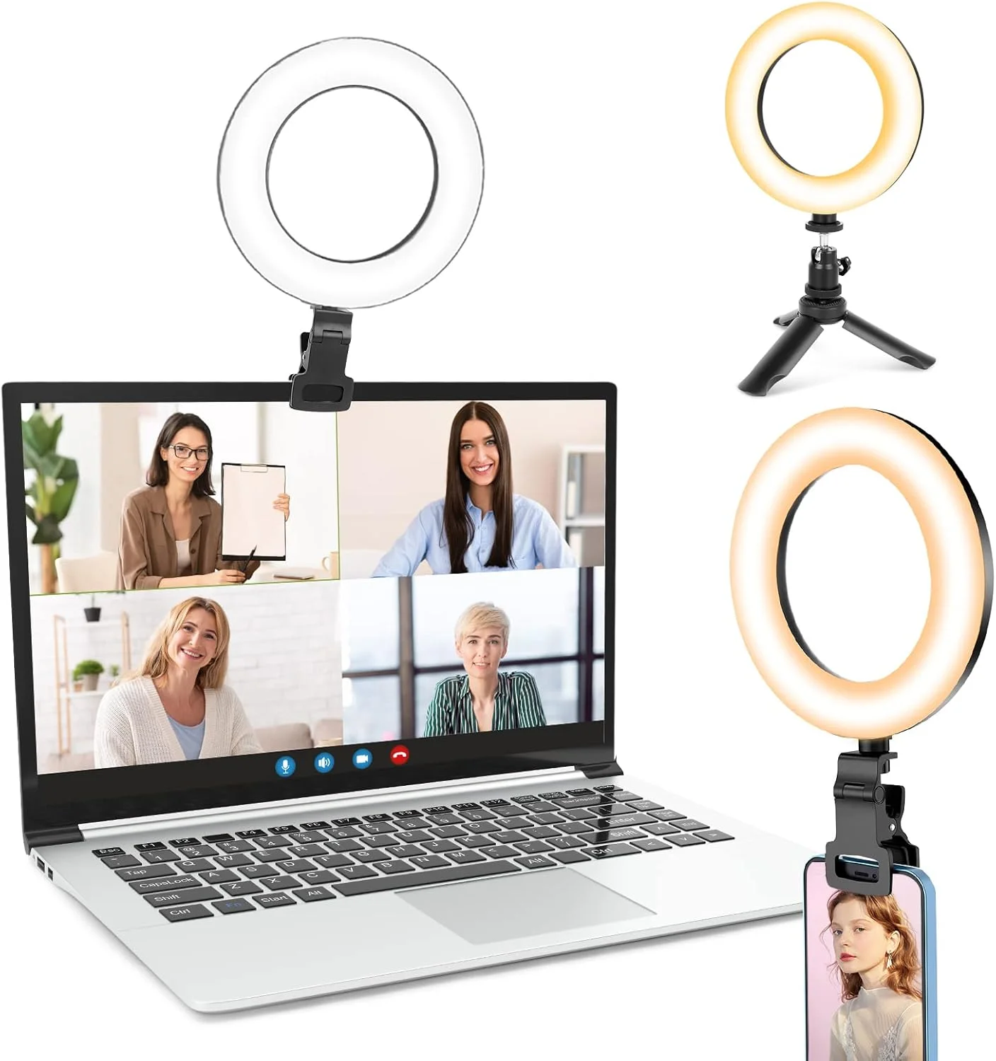 نور حلقه ای لپ تاپ UBeesize، نور حلقه ای 6 اینچی با سه پایه و گیره، نور کنفرانس ویدیویی 5 حالت نورپردازی / 5 روشنایی