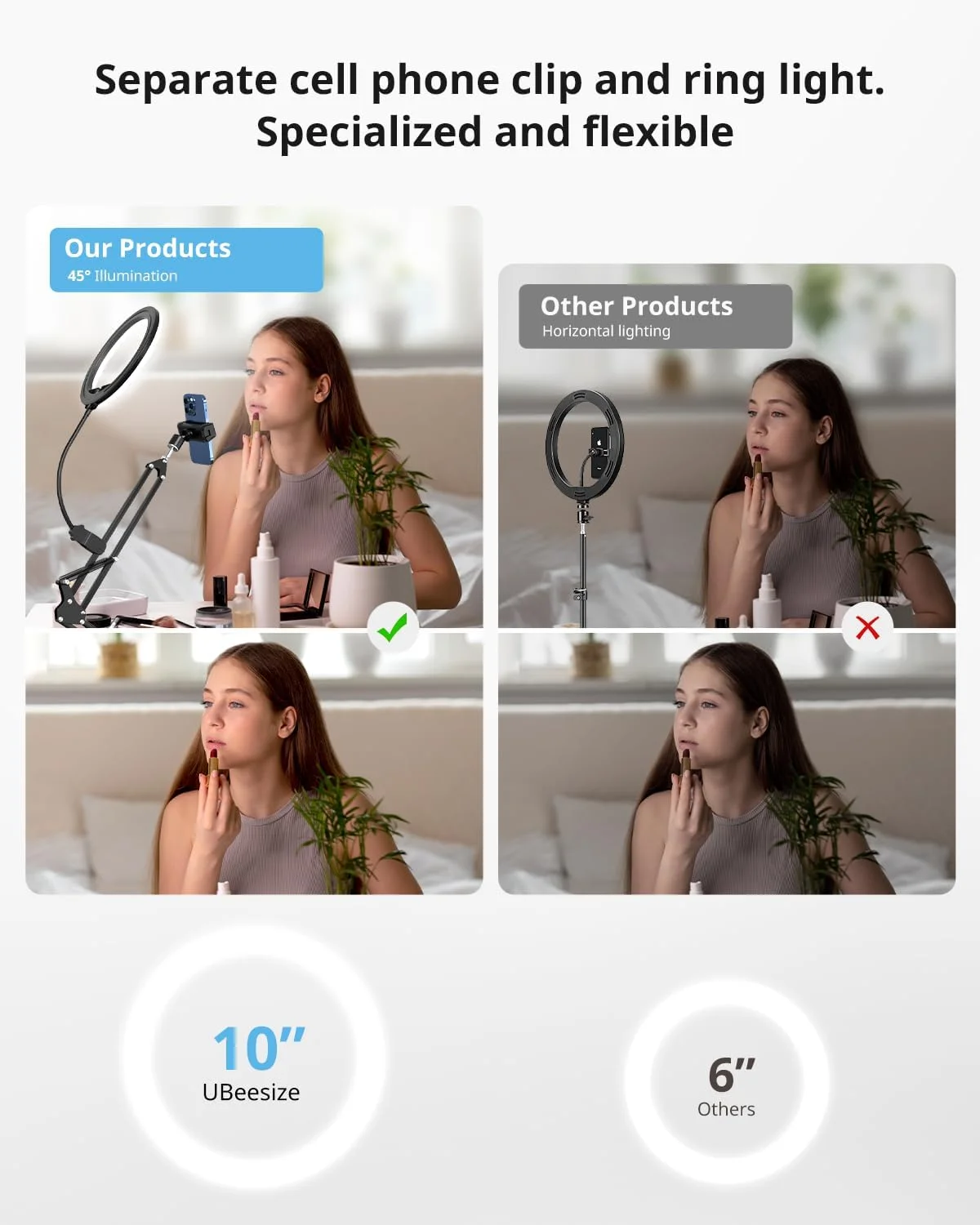 نور حلقه ای 10 اینچی UBeesize با پایه نگهدارنده گوشی بالای سر نور حلقه ای 10 اینچی UBeesize با پایه نگهدارنده گوشی بالای سر