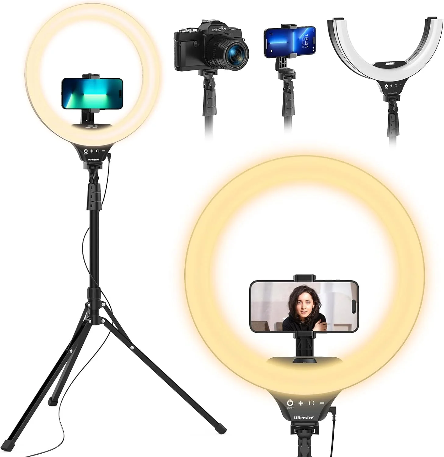نور حلقه ای تاشو 14 اینچی UBeesize با پایه سه پایه 62 اینچی و نگهدارنده تلفن، نور حلقه ای LED سلفی برای آیفون با ریموت، نور دایره ای برای Tiktok/YouTube/عکاسی/آرایش/پخش زنده