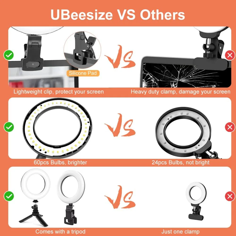 نور حلقه ای لپ تاپ UBeesize، نور حلقه ای 6 اینچی با سه پایه و گیره، نور کنفرانس ویدیویی 5 حالت نورپردازی / 5 روشنایی نور حلقه ای لپ تاپ UBeesize، نور حلقه ای 6 اینچی با سه پایه و گیره، نور کنفرانس ویدیویی 5 حالت نورپردازی / 5 روشنایی