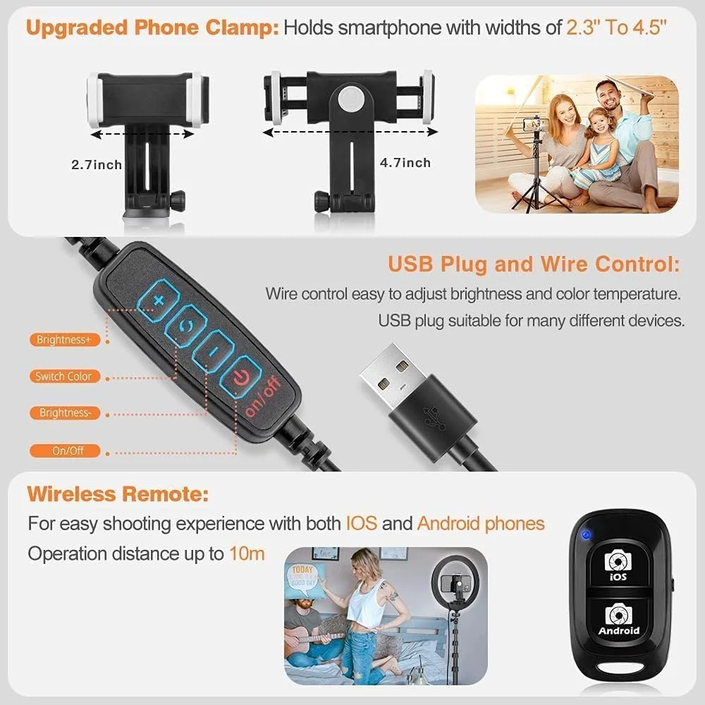 نور حلقه ای سلفی UBeesize با پایه سه پایه، چراغ دایره ای LED با نگهدارنده تلفن و ریموت برای تلفن و دوربین نور حلقه ای سلفی UBeesize با پایه سه پایه، چراغ دایره ای LED با نگهدارنده تلفن و ریموت برای تلفن و دوربین