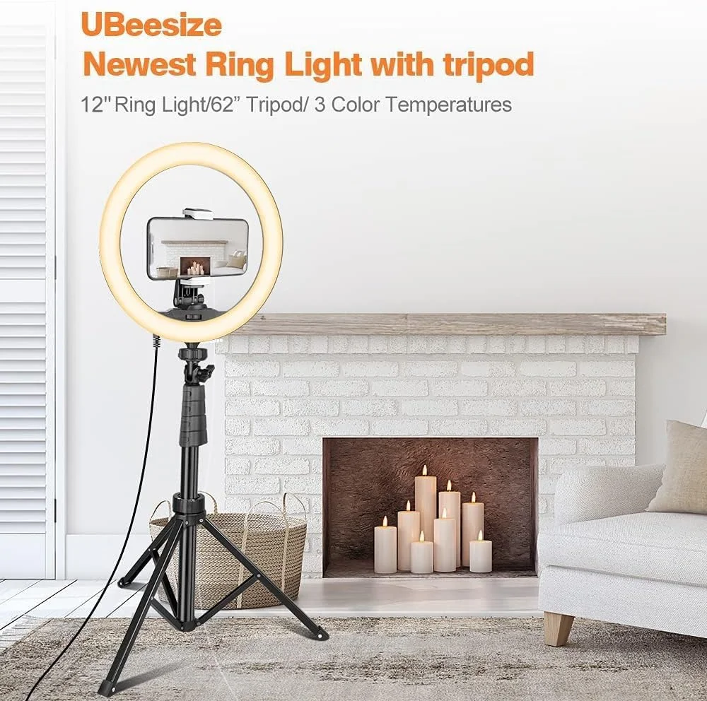 نور حلقه ای سلفی UBeesize با پایه سه پایه، چراغ دایره ای LED با نگهدارنده تلفن و ریموت برای تلفن و دوربین نور حلقه ای سلفی UBeesize با پایه سه پایه، چراغ دایره ای LED با نگهدارنده تلفن و ریموت برای تلفن و دوربین