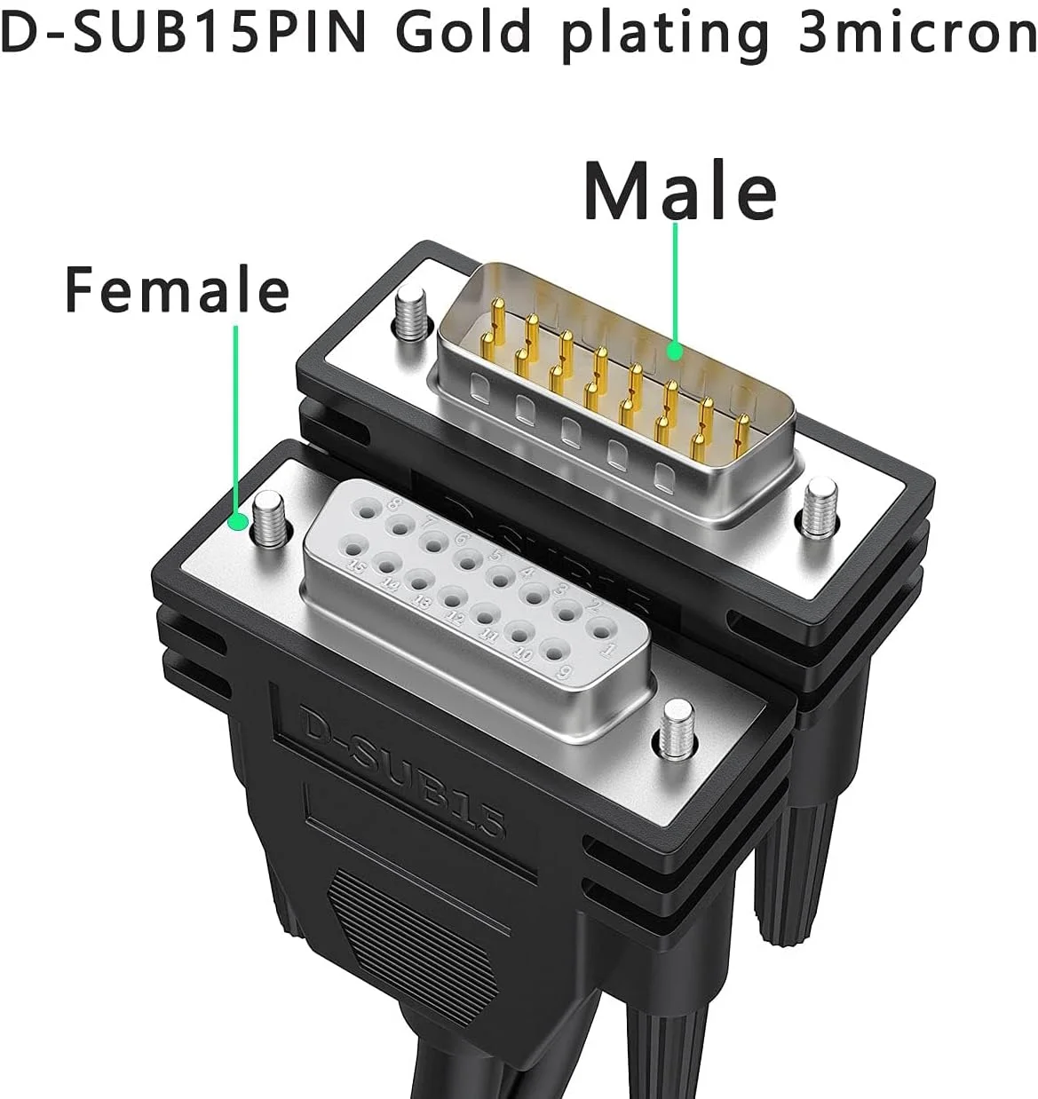 Excefore DB15 Cabel Male to Female Double Shielded 10ft/3M,DB 15 Extension Cable Black, 26awg Tinned Copper D-SUB 15 pin Straight Through Cord for CNC, UPS, PLC, Driver