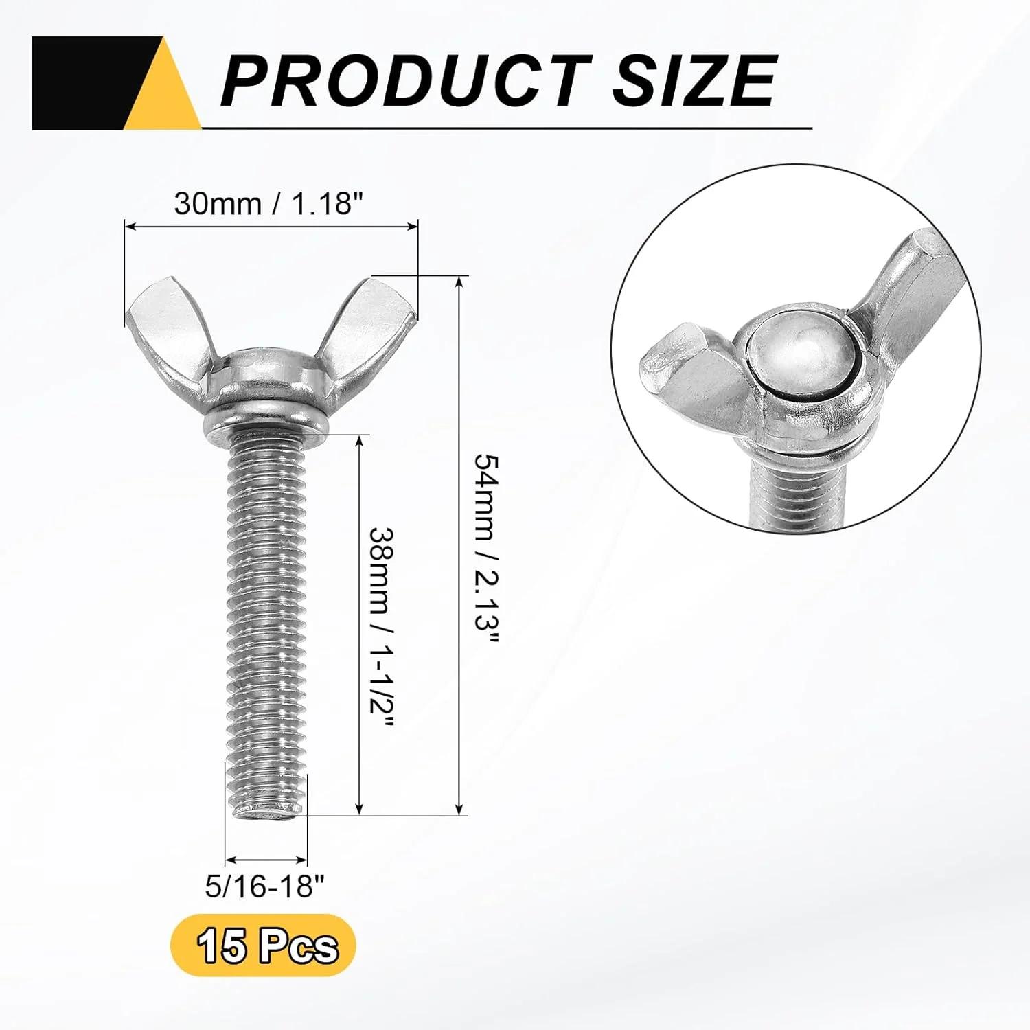 uxcell 15 عدد پیچ و مهره پروانه ای بالدار 5/16-18 اینچ x 1-1/2 اینچ، بست فلزی ماشین از جنس استنلس استیل 304، پیچ های دستی شست برای تجهیزات الکترونیکی، نقره ای