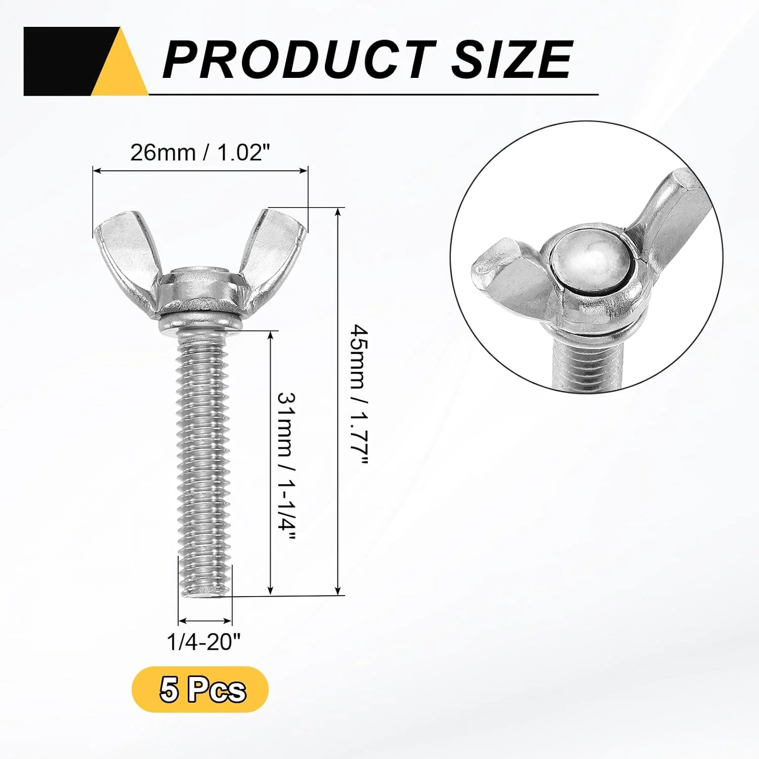 uxcell 5 عدد پیچ و مهره پروانه ای بالدار 1/4-20 اینچ x 1-1/4 اینچ، بست فلزی ماشین از جنس استنلس استیل 304، پیچ های دستی شست برای تجهیزات الکترونیکی، نقره ای