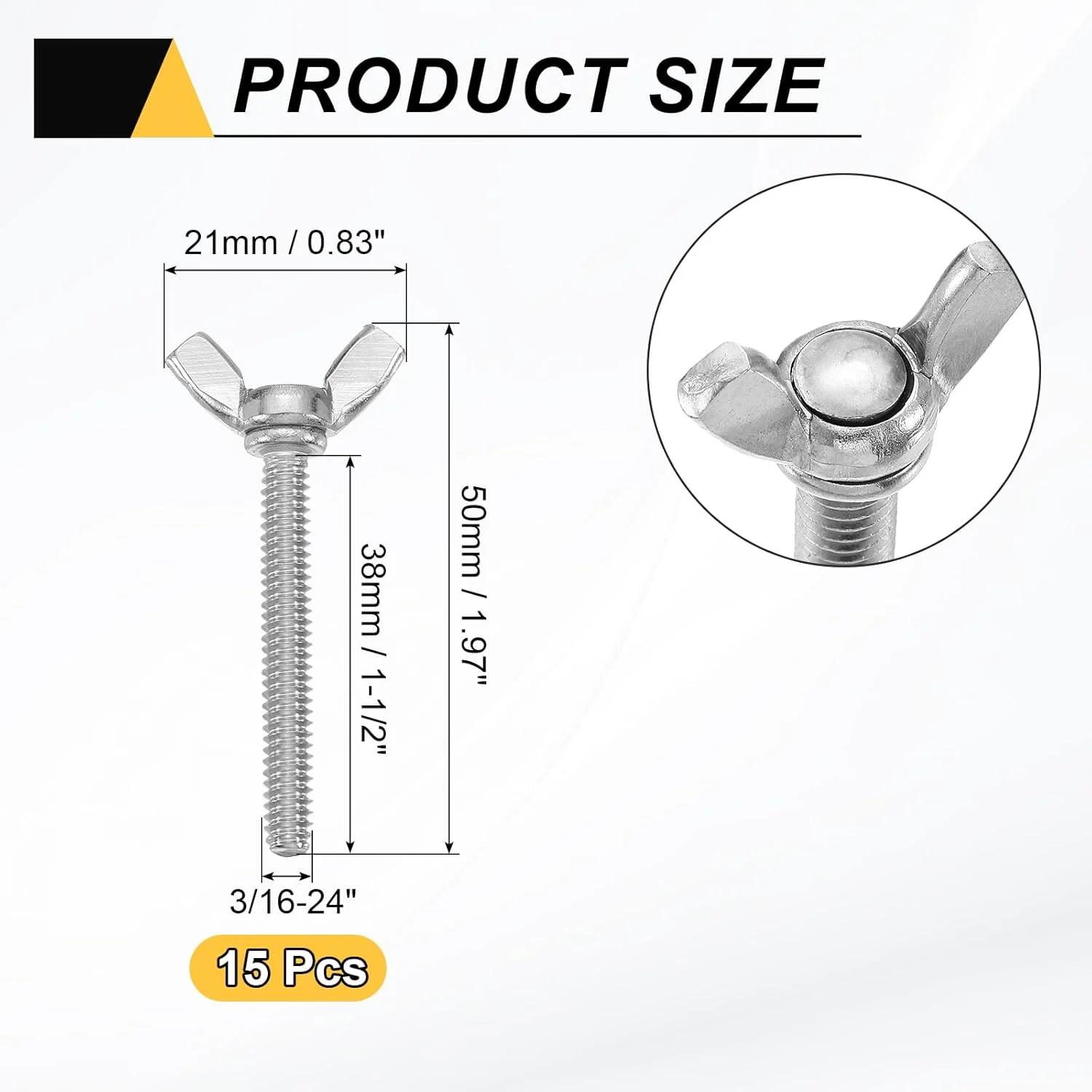 uxcell 15 عدد پیچ و مهره پروانه ای بالدار 3/16-24 اینچ x 1-1/2 اینچ، بست فلزی ماشین از جنس استنلس استیل 304، پیچ های دستی شست برای تجهیزات الکترونیکی، نقره ای