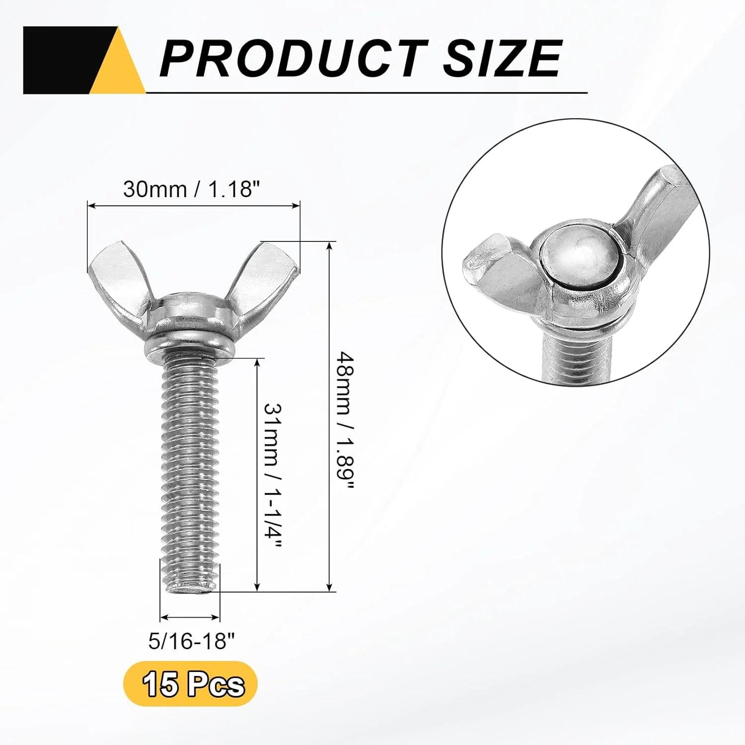 uxcell 15 عدد پیچ و مهره پروانه ای بالدار 5/16-18 اینچ در 1-1/4 اینچ، بست فلزی ماشین از جنس استنلس استیل 304، پیچ های دستی شست برای تجهیزات الکترونیکی، نقره ای