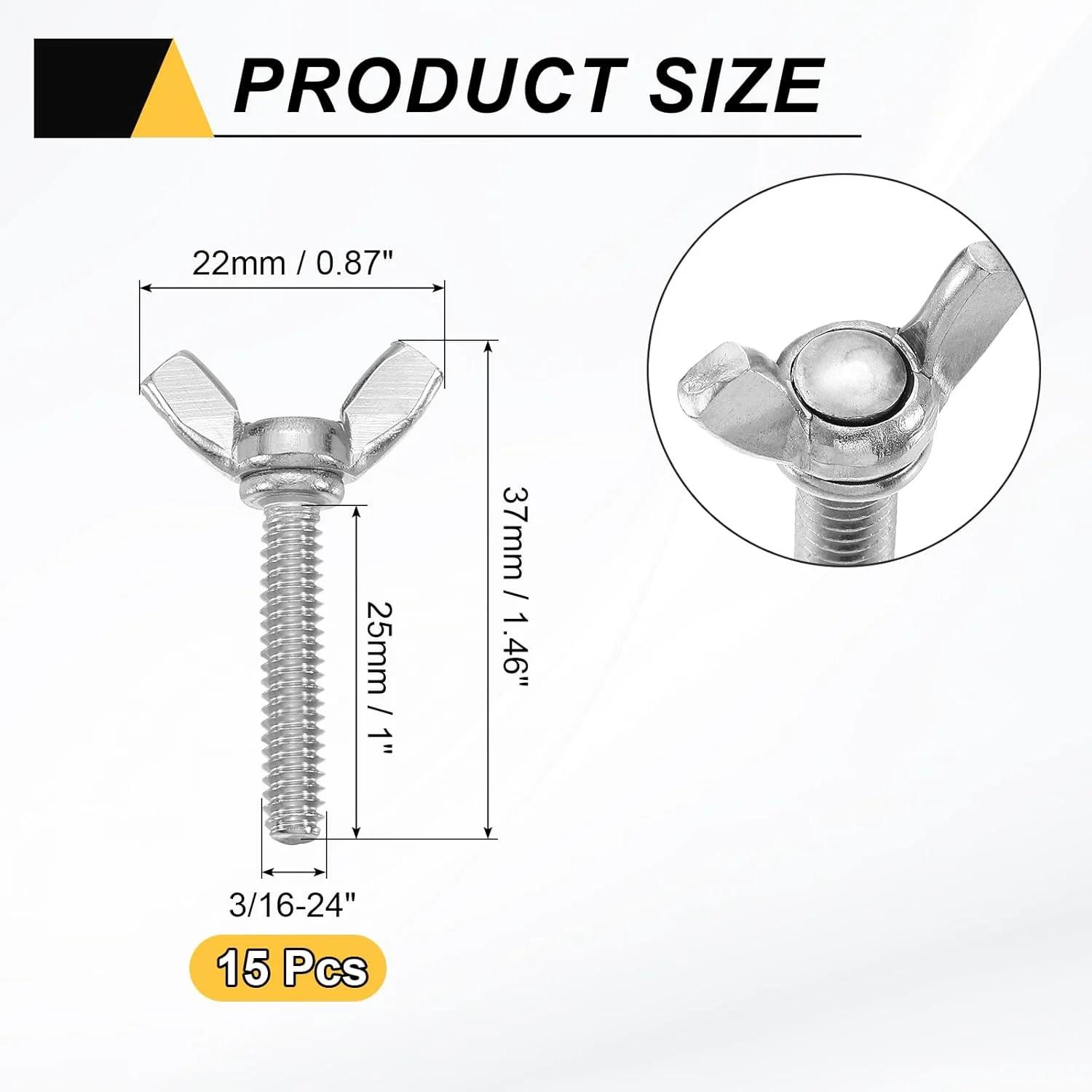 uxcell 15 عدد پیچ و مهره پروانه ای بالدار 3/16-24 اینچ x 1 اینچ، بست ماشین استیل ضد زنگ 304، پیچ های دستی شست برای تجهیزات الکترونیکی، نقره ای