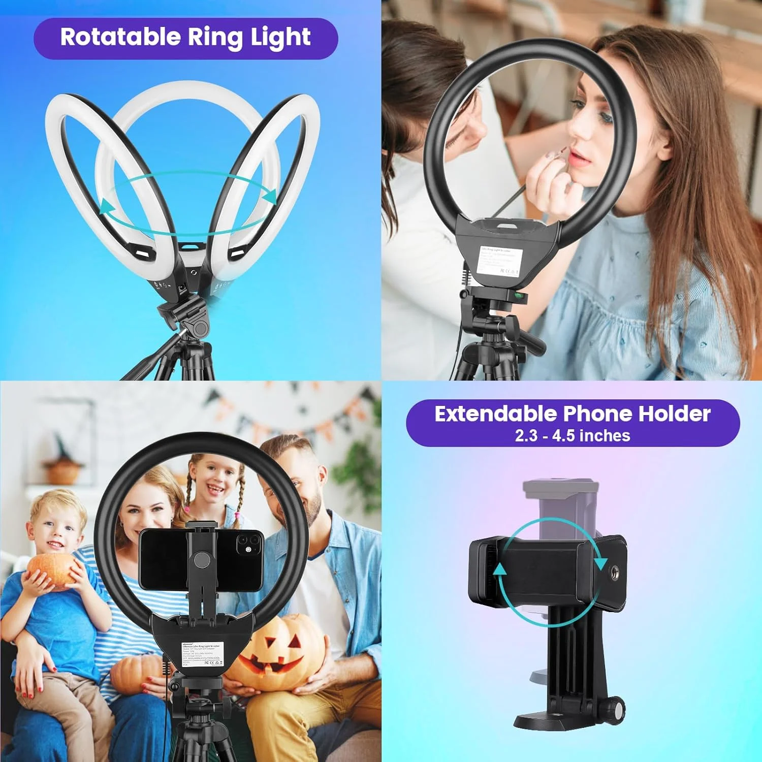 رینگ لایت 10 اینچی Sensyne با پایه سه پایه قابل افزایش 50 اینچی، چراغ های دایره ای با نگهدارنده تلفن برای پخش زنده/آرایش/ویدیوهای یوتیوب/TikTok، سازگار با همه تلفن ها (RGB) رینگ لایت 10 اینچی Sensyne با پایه سه پایه قابل افزایش 50 اینچی، چراغ های دایره ای با نگهدارنده تلفن برای پخش زنده/آرایش/ویدیوهای یوتیوب/TikTok، سازگار با همه تلفن ها (RGB)