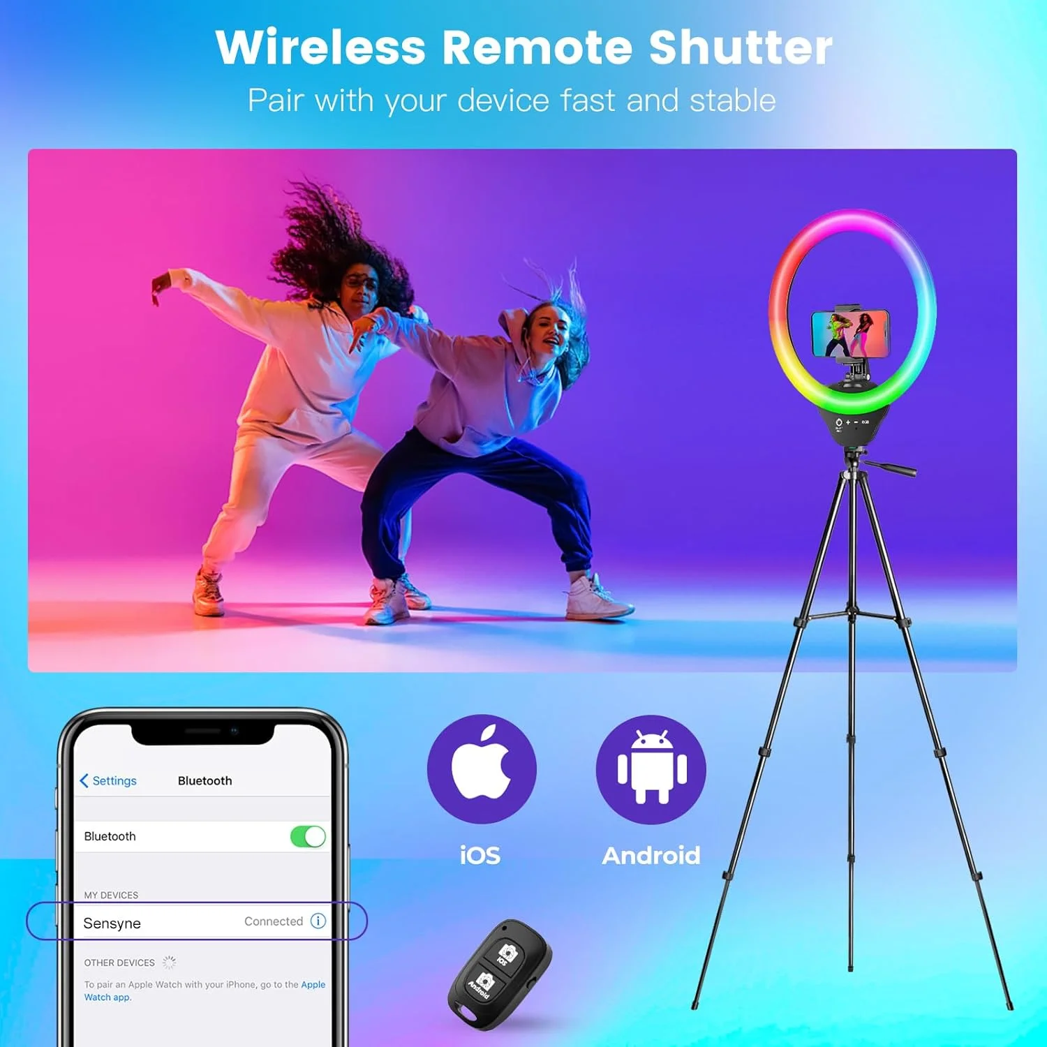 رینگ لایت 10 اینچی Sensyne با پایه سه پایه قابل افزایش 50 اینچی، چراغ های دایره ای با نگهدارنده تلفن برای پخش زنده/آرایش/ویدیوهای یوتیوب/TikTok، سازگار با همه تلفن ها (RGB) رینگ لایت 10 اینچی Sensyne با پایه سه پایه قابل افزایش 50 اینچی، چراغ های دایره ای با نگهدارنده تلفن برای پخش زنده/آرایش/ویدیوهای یوتیوب/TikTok، سازگار با همه تلفن ها (RGB)