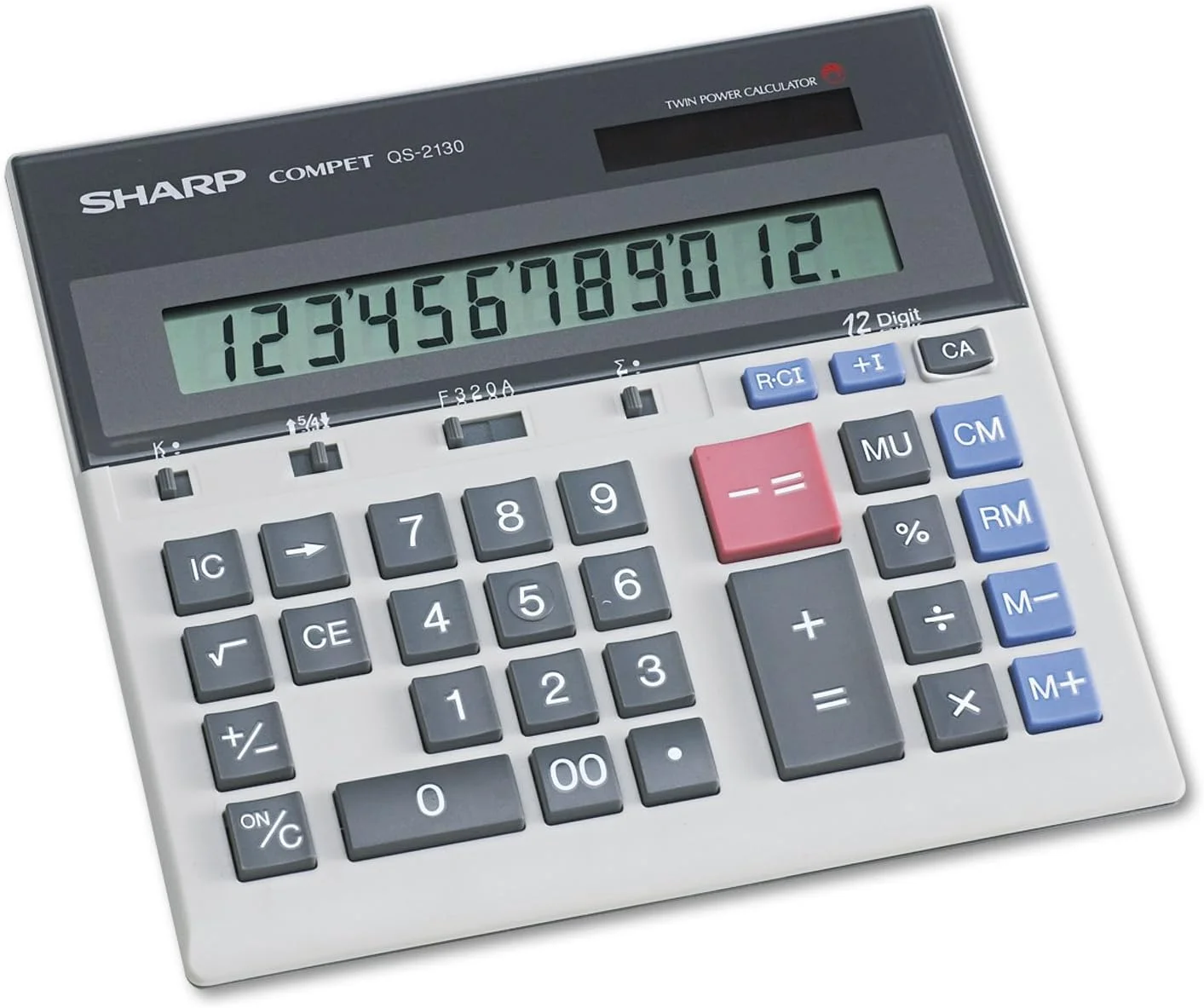 ماشین حساب رومیزی تجاری 12 رقمی شارپ QS-2130 با پایه، منطق حسابی، نمایشگر LCD با باتری و انرژی خورشیدی، مناسب برای استفاده در خانه و محل کار، خاکستری و مشکی کوچک