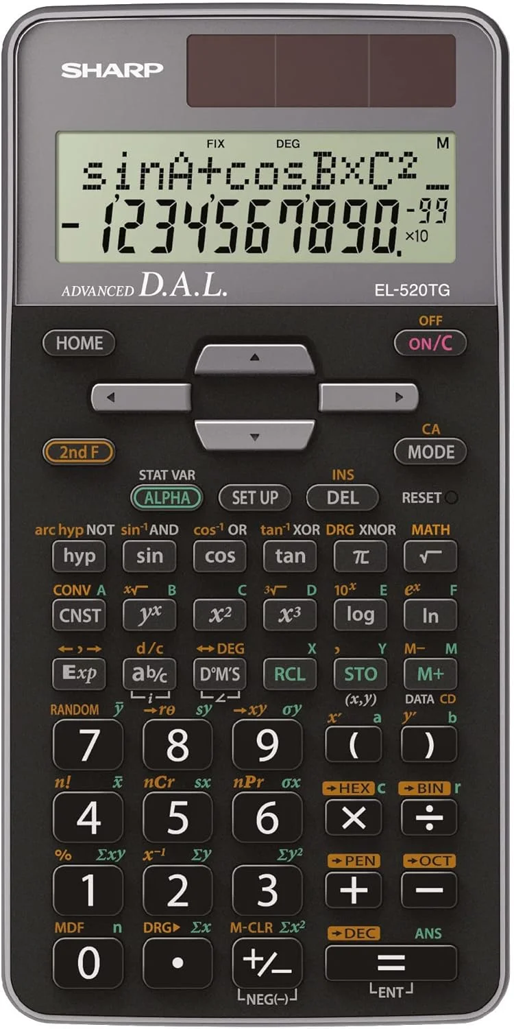 ماشین حساب علمی مدرسه ای شارپ مدل EL-520 TG-GY (نمایشگر 2 خطی، ورودی D.A.L، تغذیه خورشیدی و باتری) نقره ای