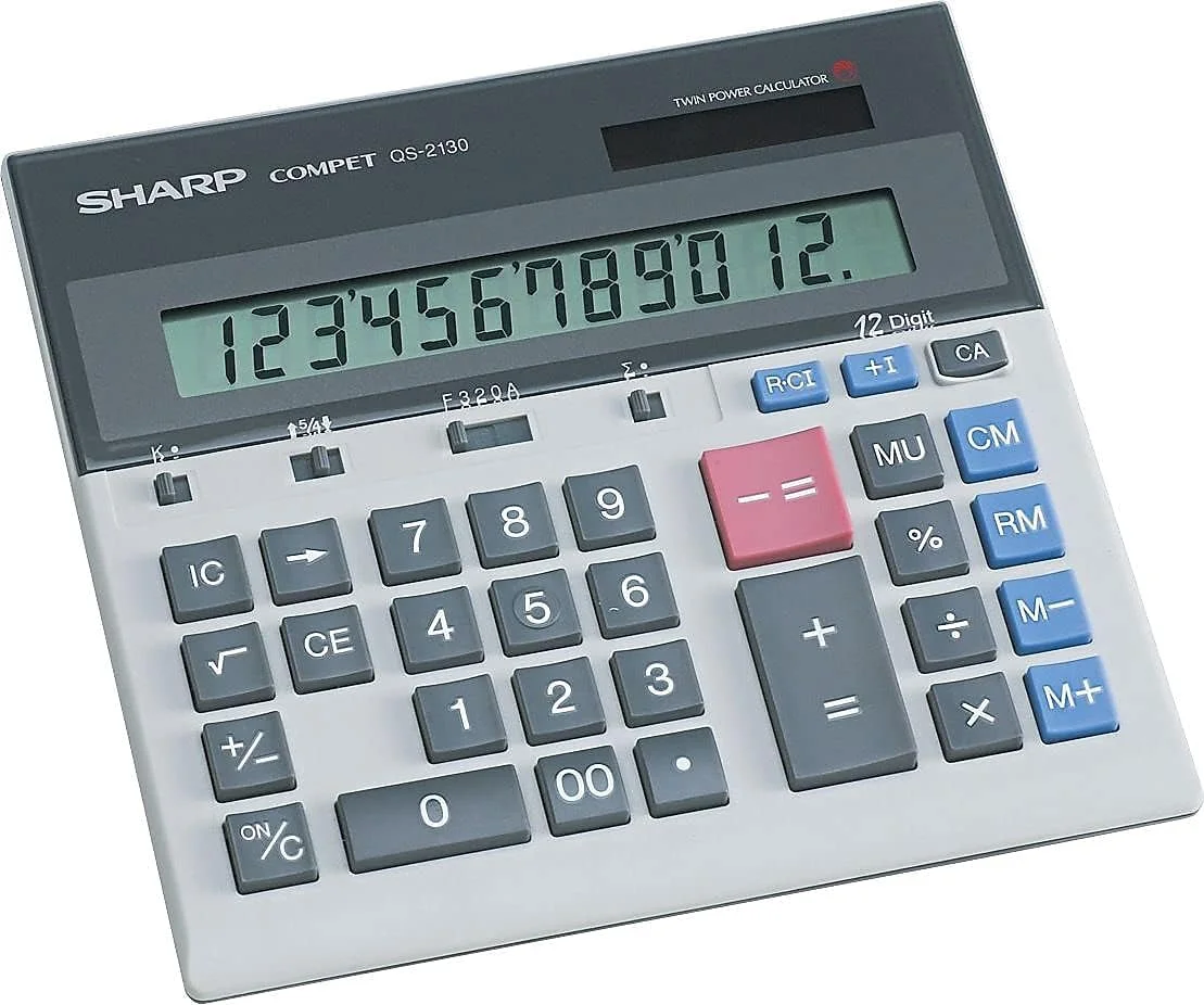 ماشین حساب رومیزی تجاری 12 رقمی شارپ QS-2130 با پایه، منطق حسابی، نمایشگر LCD با باتری و انرژی خورشیدی، مناسب برای استفاده در خانه و محل کار، خاکستری و مشکی کوچک