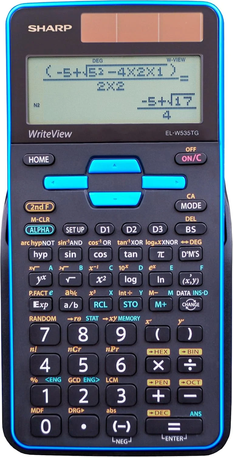 ماشین حساب علمی 16 رقمی شارپ مدل EL-W535TGBBL با قابلیت WriteView، نمایشگر 4 خطی، تغذیه هیبریدی با باتری و نور خورشید، LCD مشکی و آبی