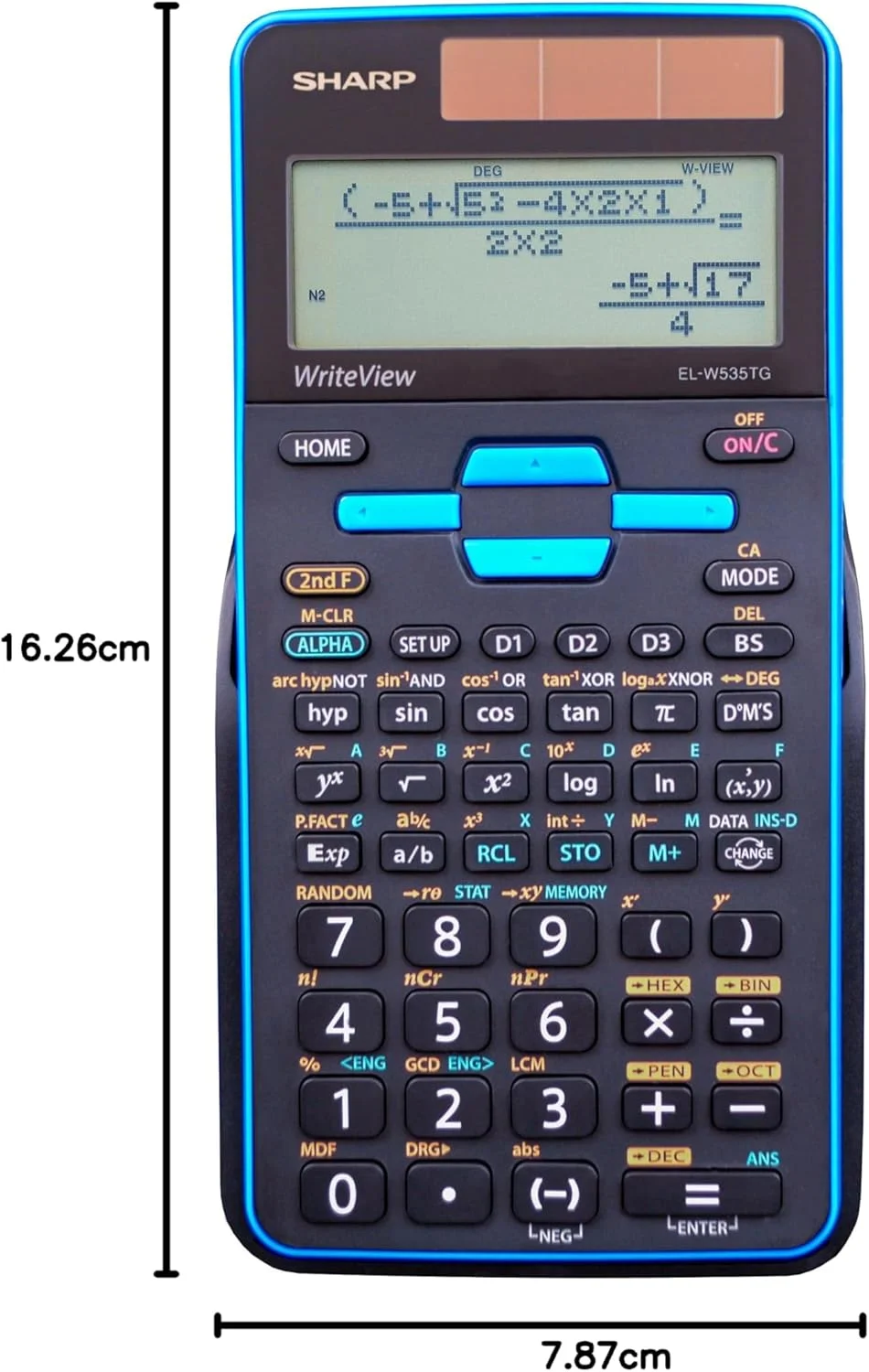 ماشین حساب علمی 16 رقمی شارپ مدل EL-W535TGBBL با قابلیت WriteView، نمایشگر 4 خطی، تغذیه هیبریدی با باتری و نور خورشید، LCD مشکی و آبی ماشین حساب علمی 16 رقمی شارپ مدل EL-W535TGBBL با قابلیت WriteView، نمایشگر 4 خطی، تغذیه هیبریدی با باتری و نور خورشید، LCD مشکی و آبی