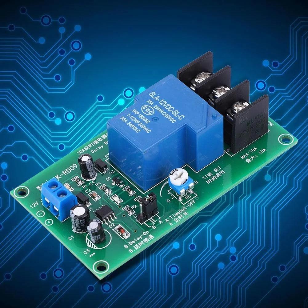 ماژول رله تاخیر زمانی 30A DC 12V، برد تایمر تاخیر 0.1-5 ثانیه، ماژول رله تاخیر، لوازم الکتریکی با دقت بالا، برد رله زمان