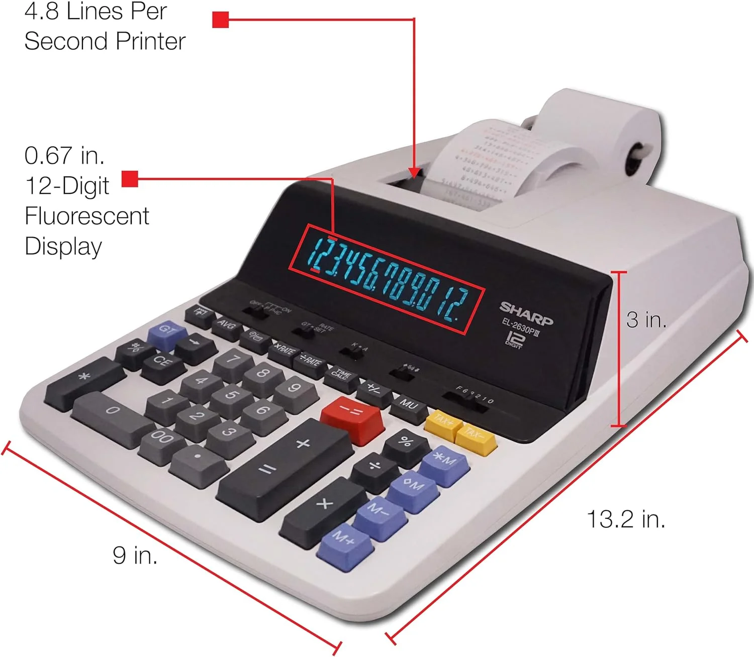 ماشین حساب چاپگر شارپ، سنگین وظیفه، 12 رقمی، 2 رنگ، چاپگر روبانی 4.8 LPS، برق AC