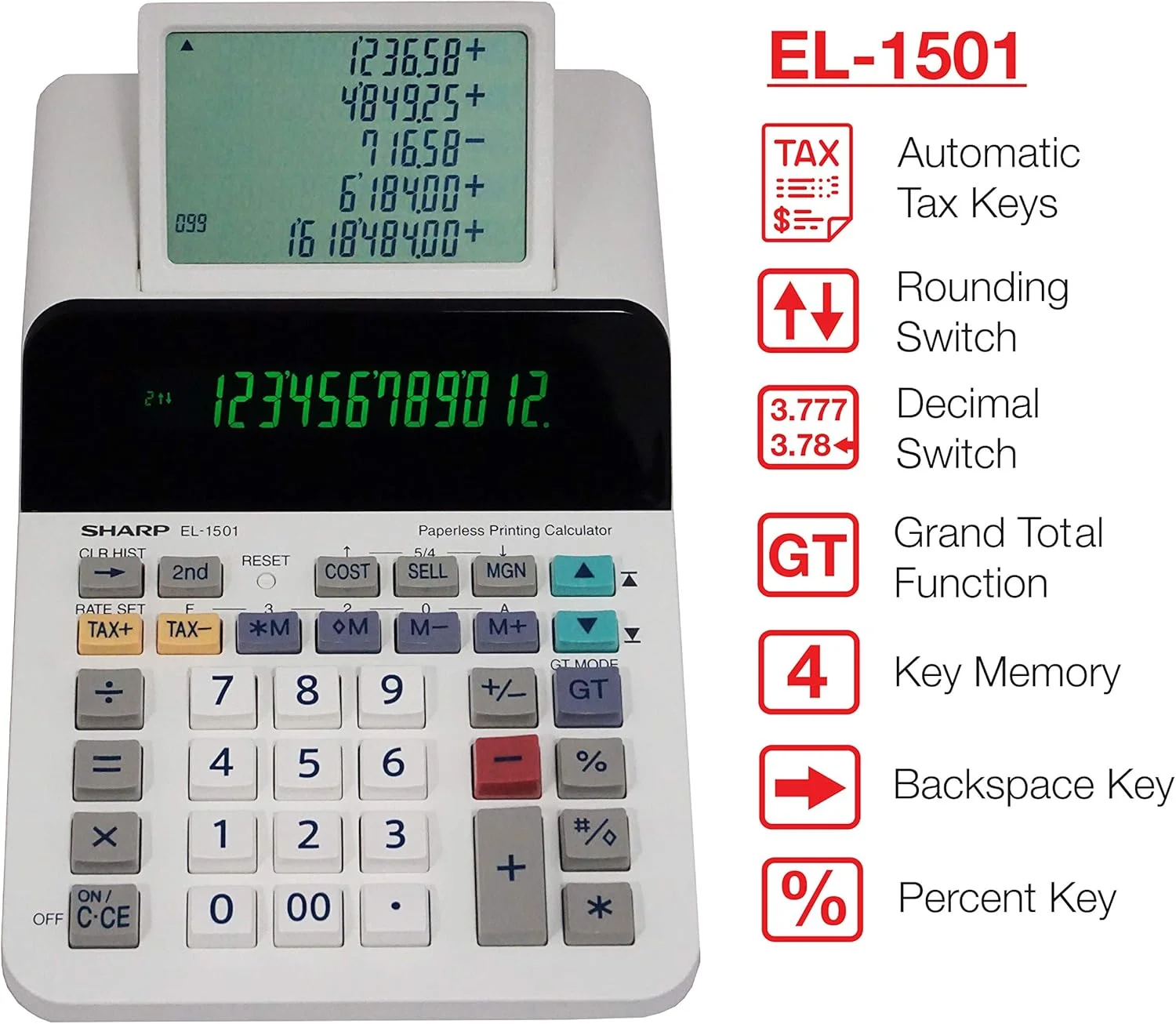 ماشین حساب چاپگر رومیزی شارپ مدل El-1501 با نمایشگر بزرگ 12 رقمی بدون کاغذ و منطق ماشین حساب چاپگر ماشین حساب چاپگر رومیزی شارپ مدل El-1501 با نمایشگر بزرگ 12 رقمی بدون کاغذ و منطق ماشین حساب چاپگر