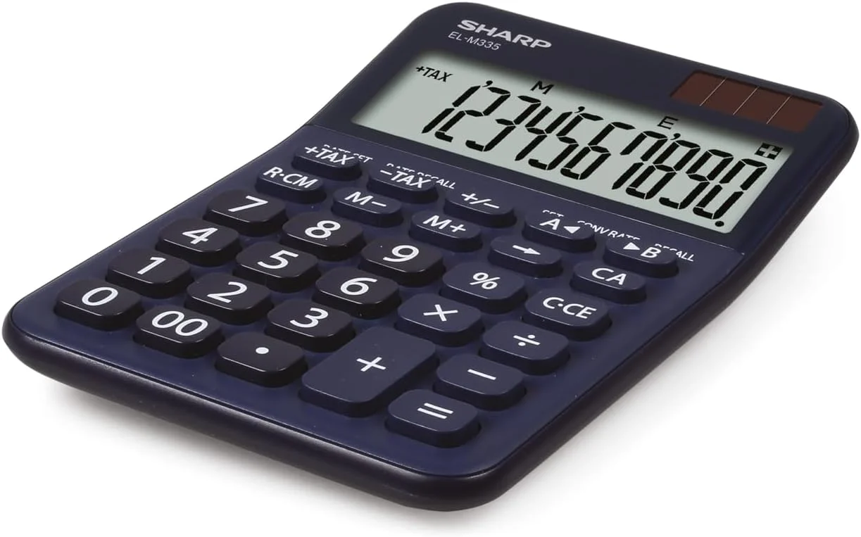 ماشین حساب رومیزی شارپ EL-M 335 با صفحه نمایش مورب، تغذیه خورشیدی/باتری، آبی