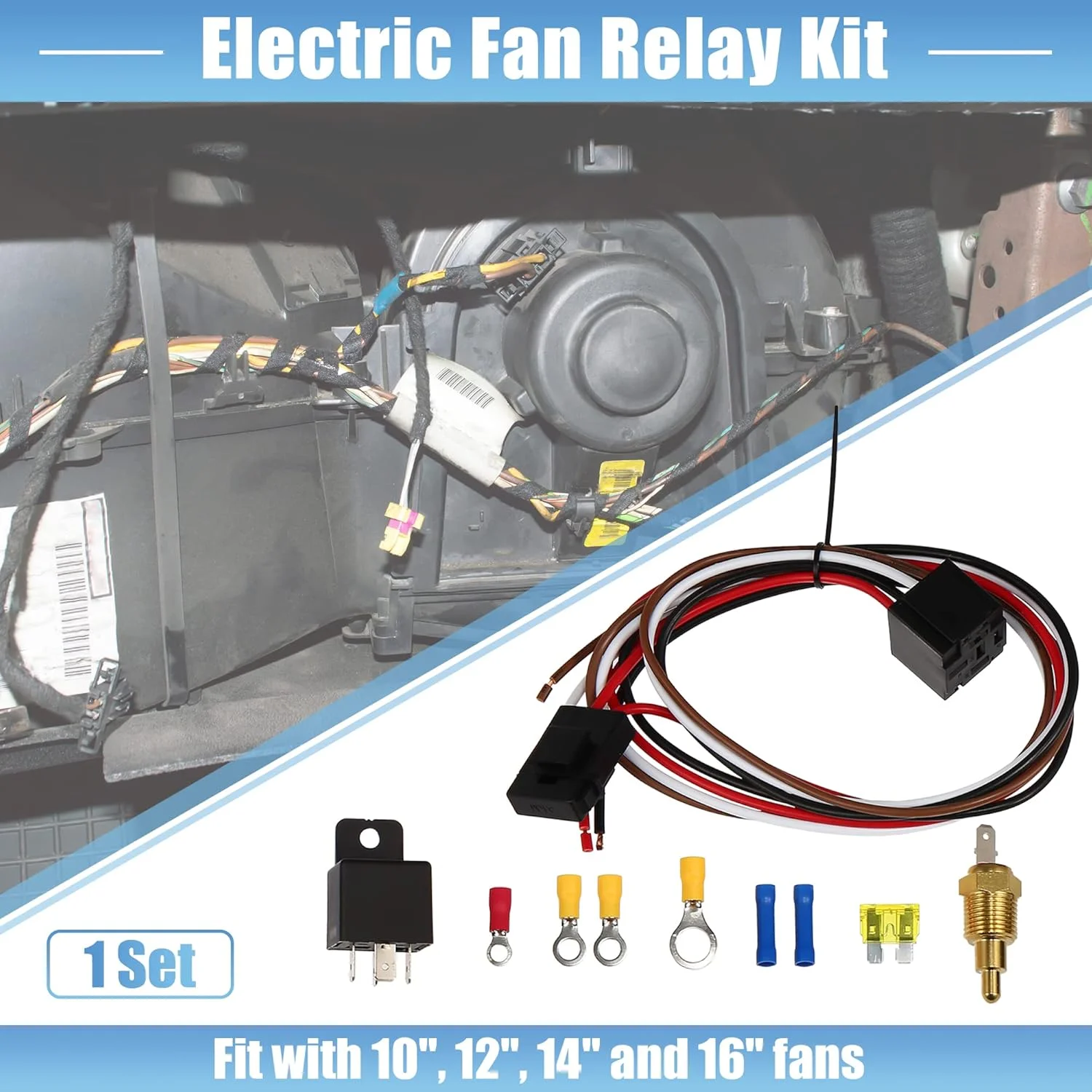 کیت رله فن برقی X AUTOHAUX با پروب رزوه ای 185 درجه فارنهایت روشن-175 درجه فارنهایت خاموش، کیت نصب سیم کشی فن خنک کننده برقی رادیاتور 40 آمپر، کیت کنترلر سیم کشی فن ضد آب خودرو، 1 ست کیت رله فن برقی X AUTOHAUX با پروب رزوه ای 185 درجه فارنهایت روشن-175 درجه فارنهایت خاموش، کیت نصب سیم کشی فن خنک کننده برقی رادیاتور 40 آمپر، کیت کنترلر سیم کشی فن ضد آب خودرو، 1 ست