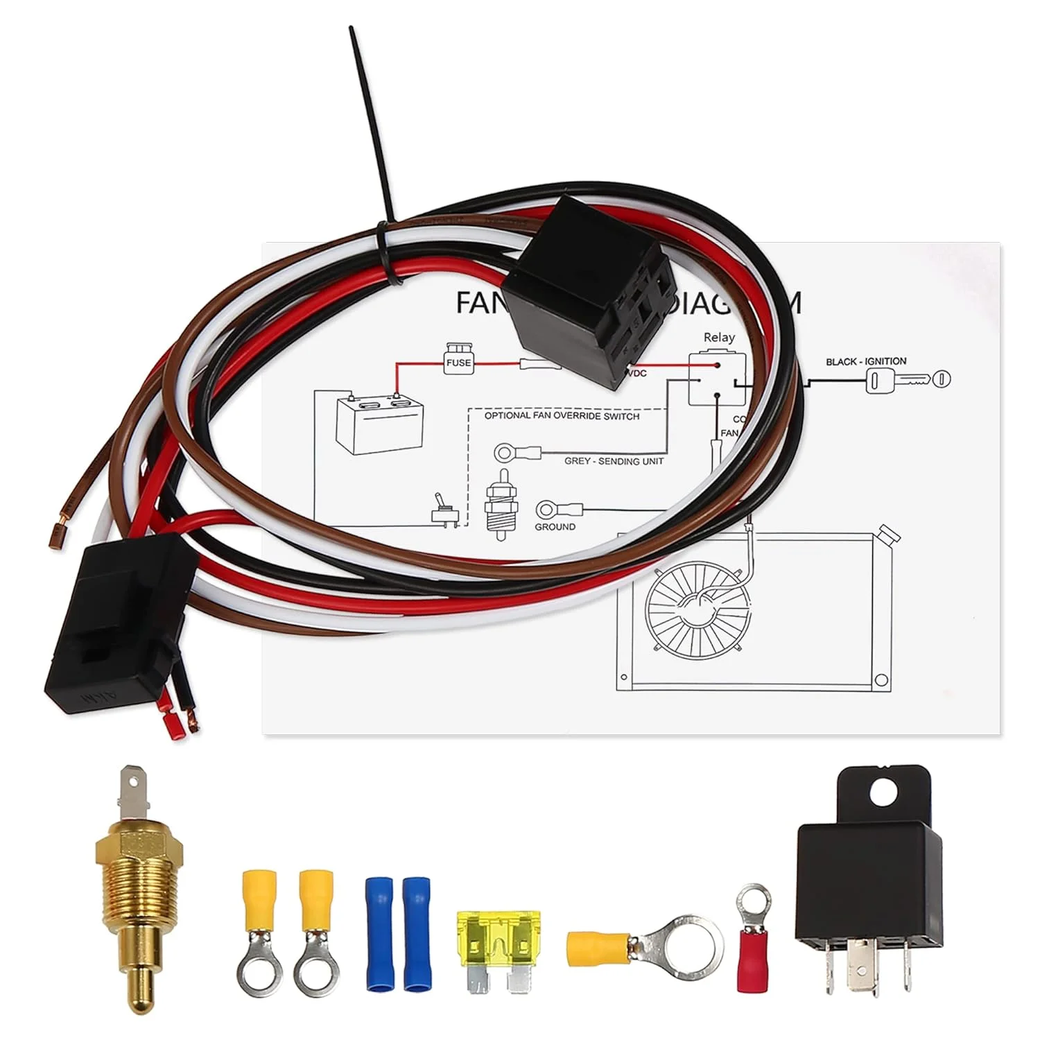 کیت رله فن برقی X AUTOHAUX با پروب رزوه ای 185 درجه فارنهایت روشن-175 درجه فارنهایت خاموش 40 آمپر، کیت نصب سیم کشی فن خنک کننده برقی رادیاتور، کیت سیم کشی فن خودرو ضد آب، 1 ست کنترلر