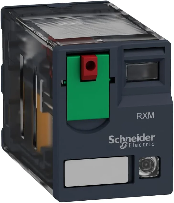 رله مینیاتوری پلاگین Schneider Electric Harmony، 6 آمپر، 4 کنتاکت، با LED، با دکمه تست قفل شونده، 24 ولت AC، RXM4AB2B7