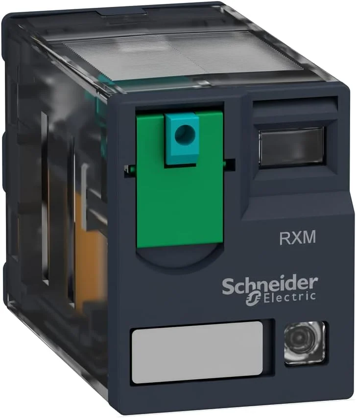 رله مینیاتوری پلاگین 6 آمپر 4 کنتاکت Schneider Electric Harmony با LED، دکمه تست قفل شونده، 24 ولت DC، RXM4AB2BD