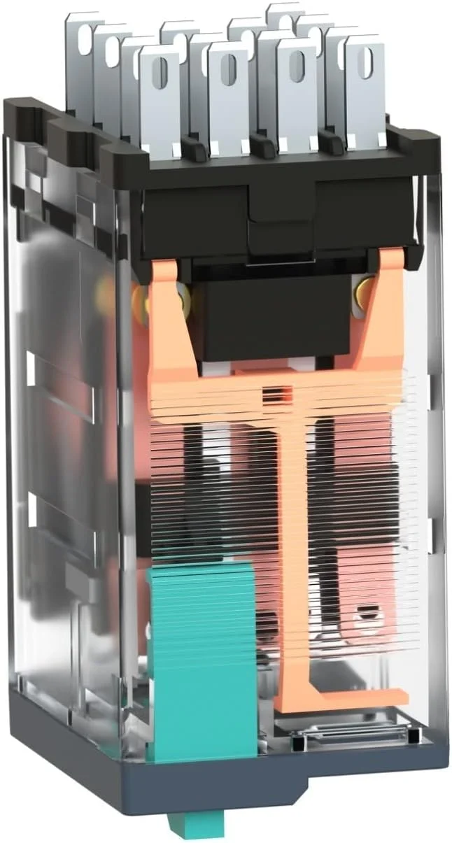 رله مینیاتوری پلاگین 6 آمپر 4 کنتاکت Schneider Electric Harmony با LED، دکمه تست قفل شونده، 24 ولت DC، RXM4AB2BD