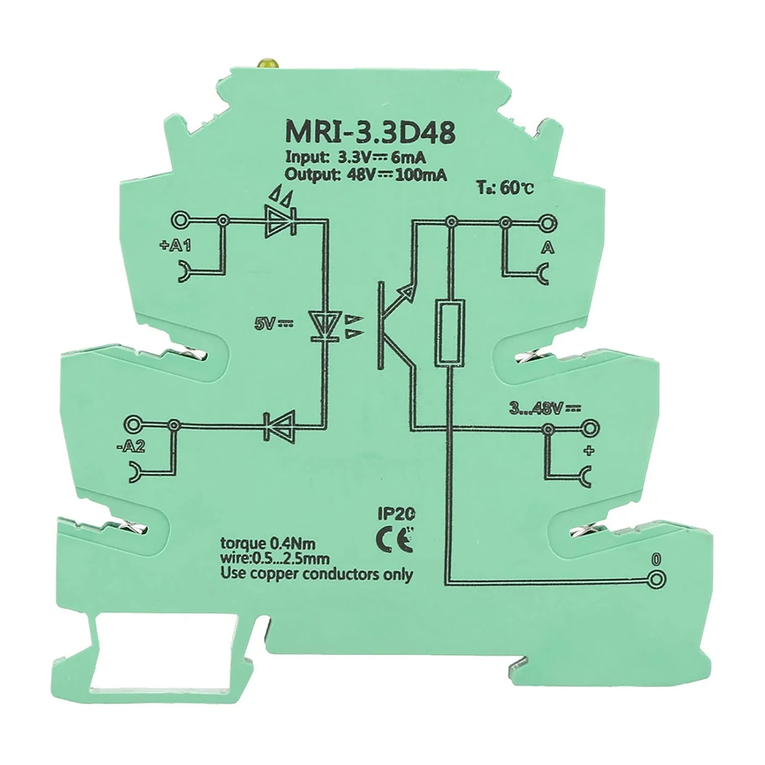 ماژول رله PLC فوق العاده نازک MRI-3.3D 48، رله اپتوکوپلر ایزوله کننده PLC، رله DC باریک، ماژول رله ورودی 3.3VDC خروجی 3-48VDC