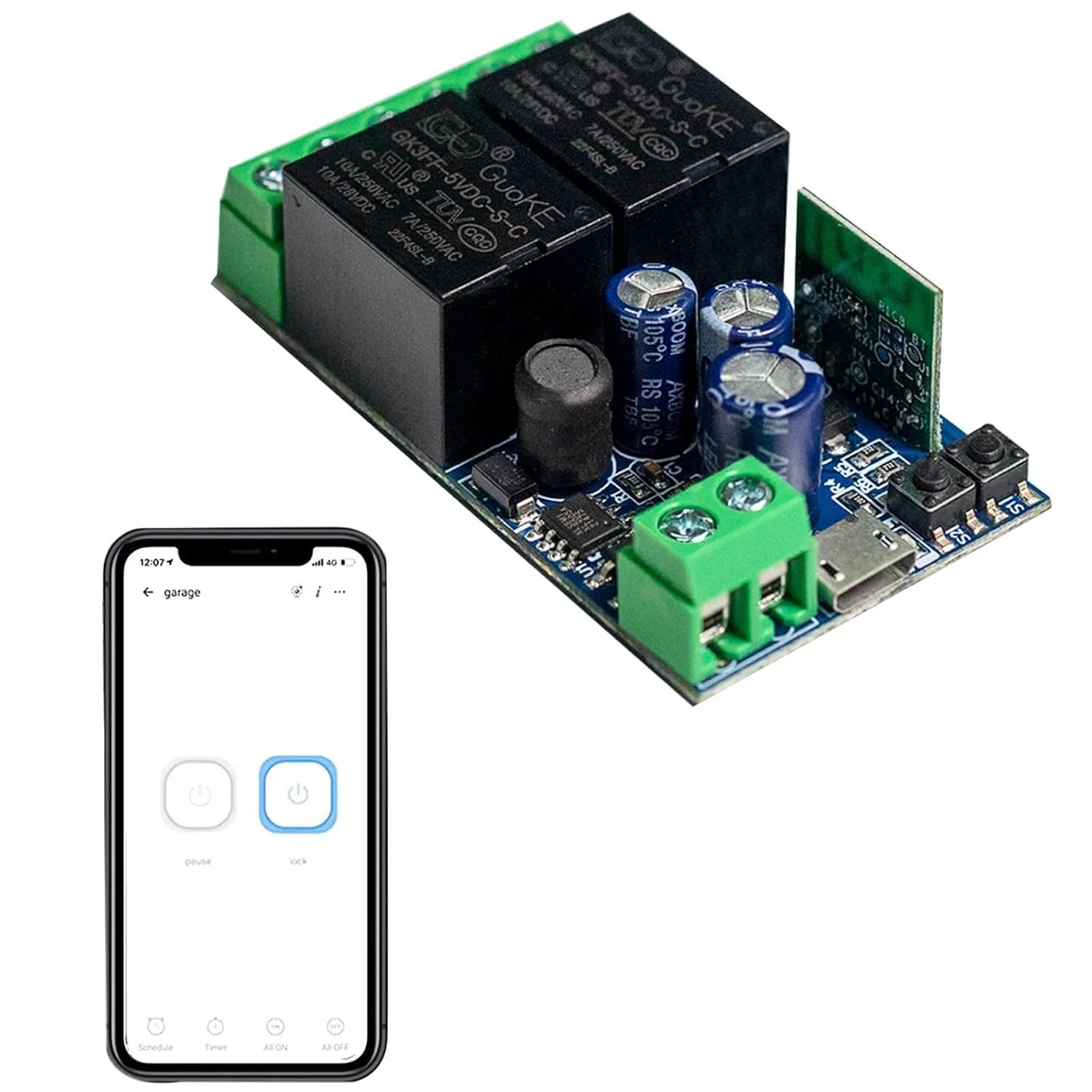 ماژول رله هوشمند بی‌سیم وای‌فای USB DC 5V/12V/24V/48V دو کاناله برای درب گاراژ، کرکره برقی، پرده برقی