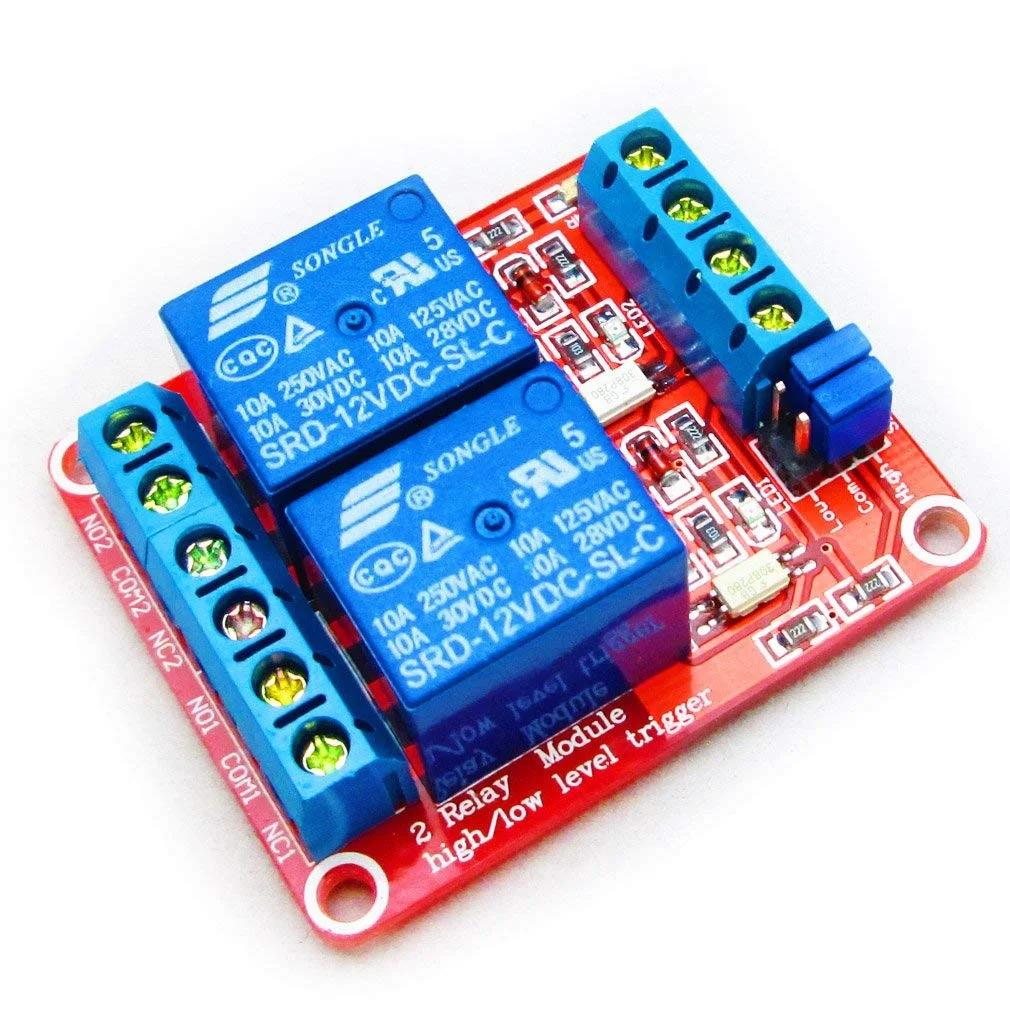 HiLetgo 2 عدد ماژول رله 2 کاناله DC 12V با اپتوکوپلر ایزوله، تریگر سطح بالا و پایین H/L، تریگر شده توسط DC 12V