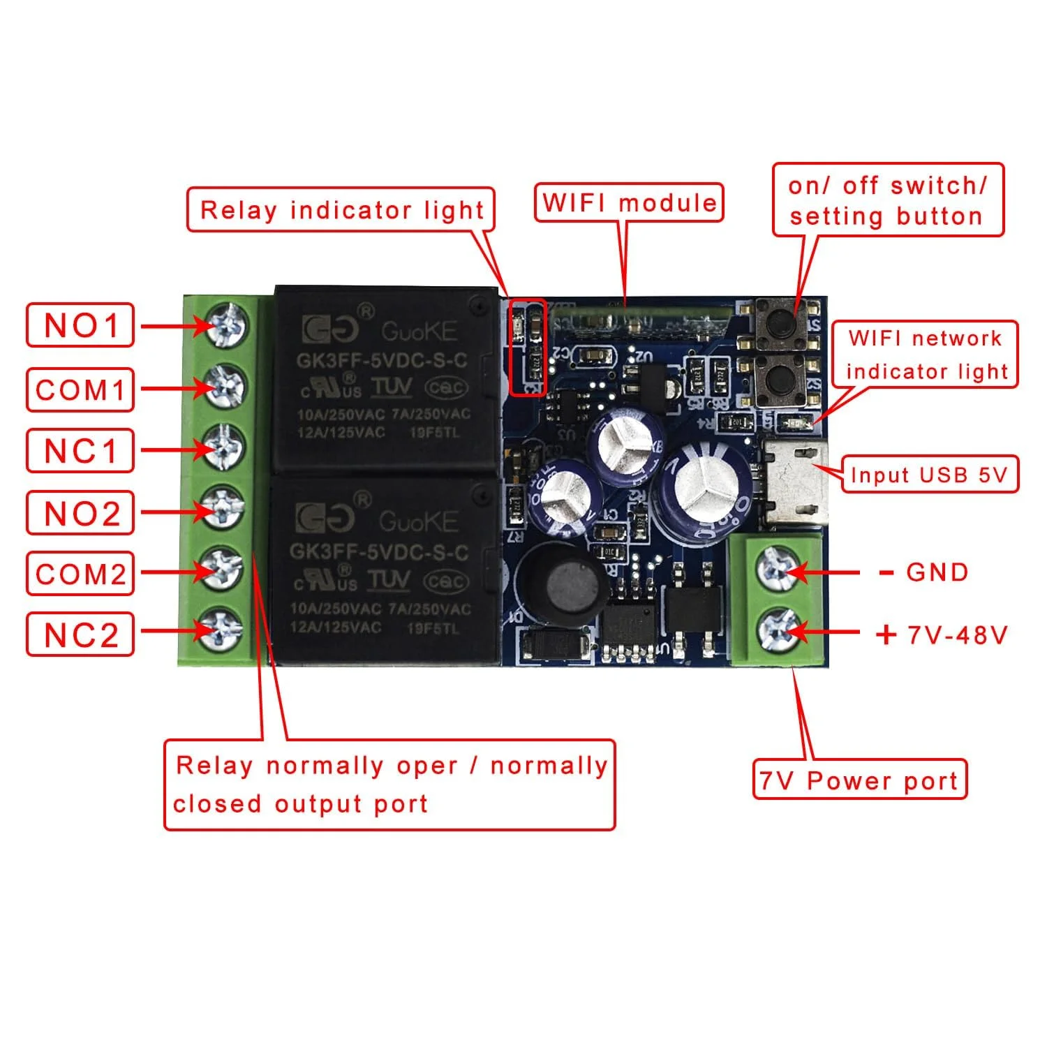 ماژول رله هوشمند بی‌سیم وای‌فای USB DC 5V/12V/24V/48V دو کاناله برای درب گاراژ، کرکره برقی، پرده برقی