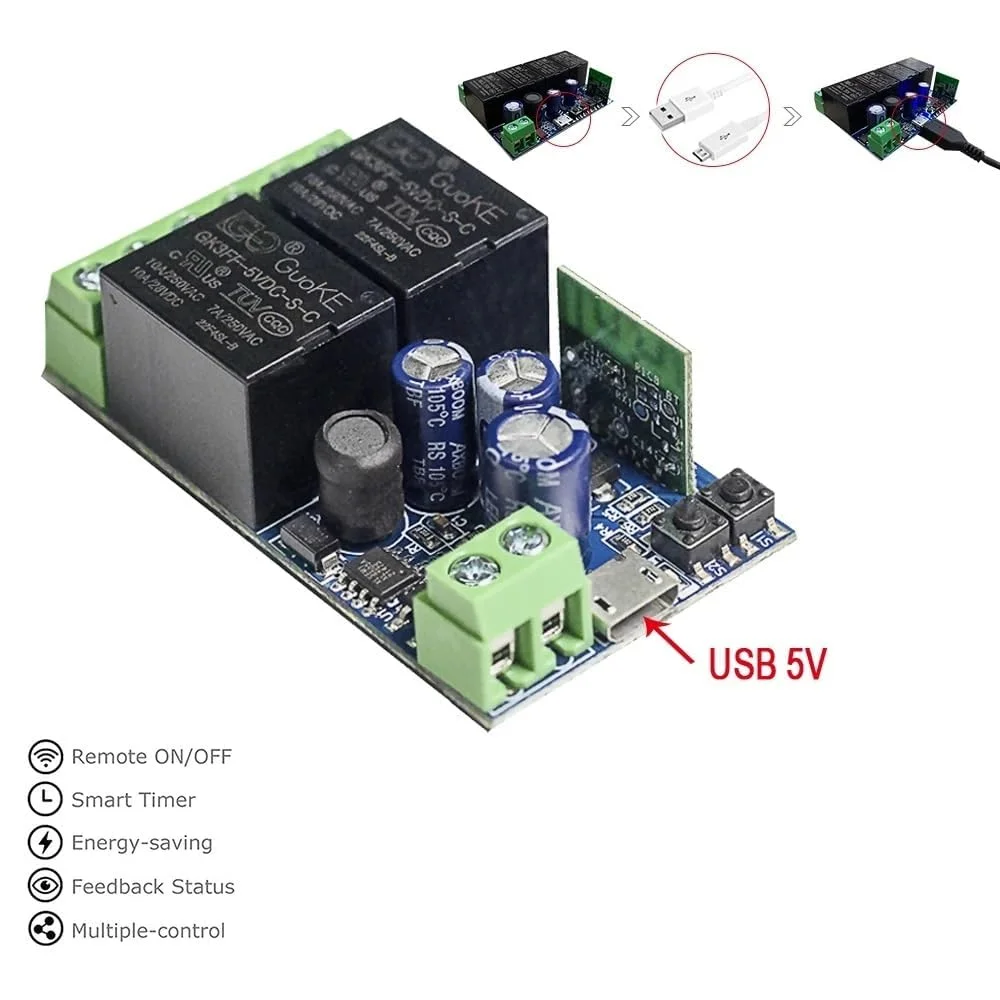 ماژول رله هوشمند بی‌سیم وای‌فای USB DC 5V/12V/24V/48V دو کاناله برای درب گاراژ، کرکره برقی، پرده برقی