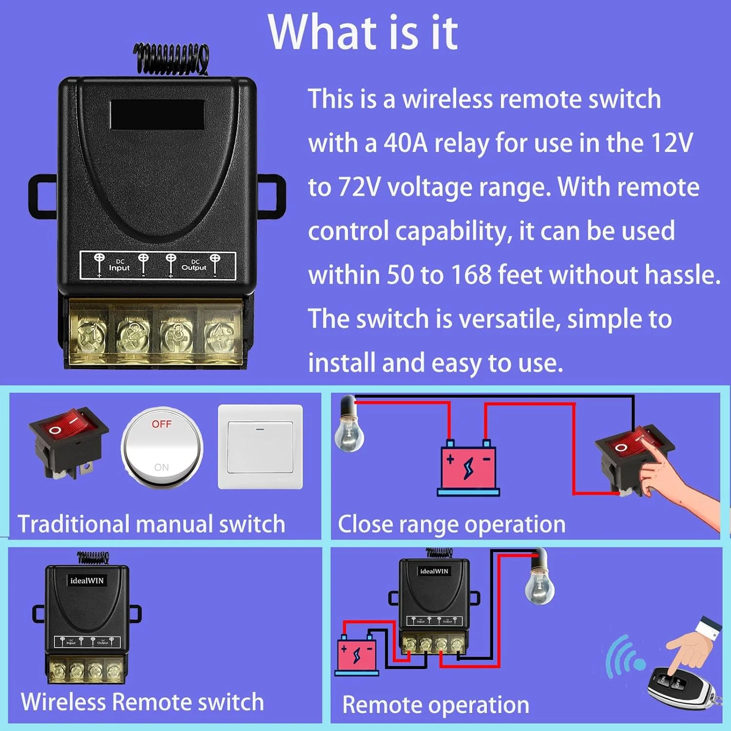 سوئیچ رله بی سیم Excefore، برد بلند 100 متری، سوئیچ رله DC 12V/24V/48V/72V 40A، برای انواع موتورهای DC، کنترل صنعتی، کنترل روشنایی