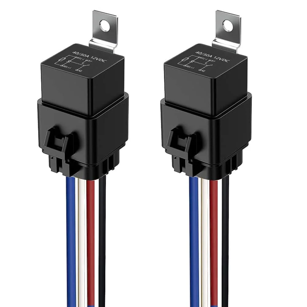 کیت رله 2 عددی 40/30 آمپر 12 ولت DC - سوئیچ رله خودرویی SPST ضد آب 4 پین با سیم های 12 AWG (سنگین برای اتومبیل، کامیون، قایق)