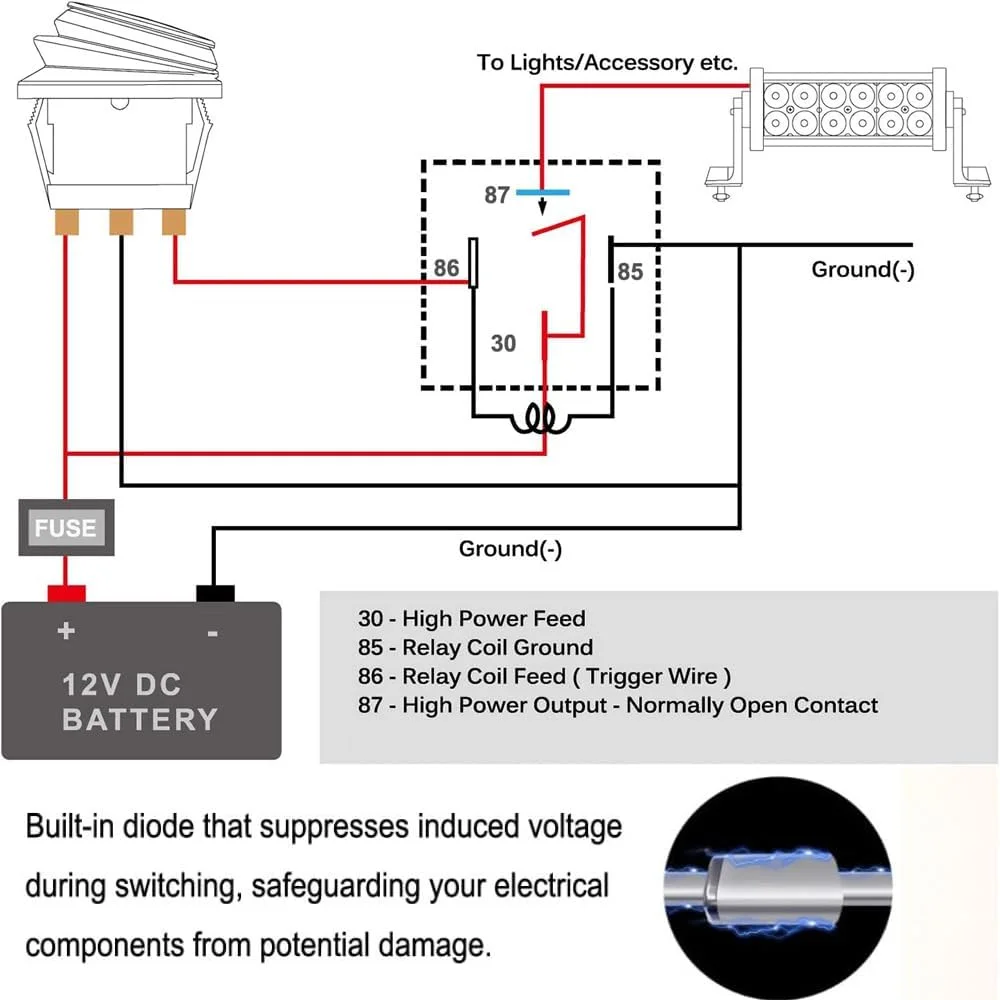 کیت رله 2 عددی 40/30 آمپر 12 ولت DC - سوئیچ رله خودرویی SPST ضد آب 4 پین با سیم های 12 AWG (سنگین برای اتومبیل، کامیون، قایق)