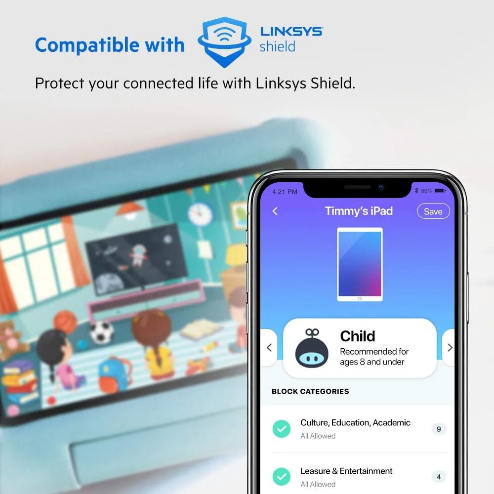 روتر وای فای 6 مش دو بانده Linksys Mr9600 (AX6000، سازگار با سیستم وای فای کل خانه Velop، کنترل والدین از طریق برنامه Linksys)